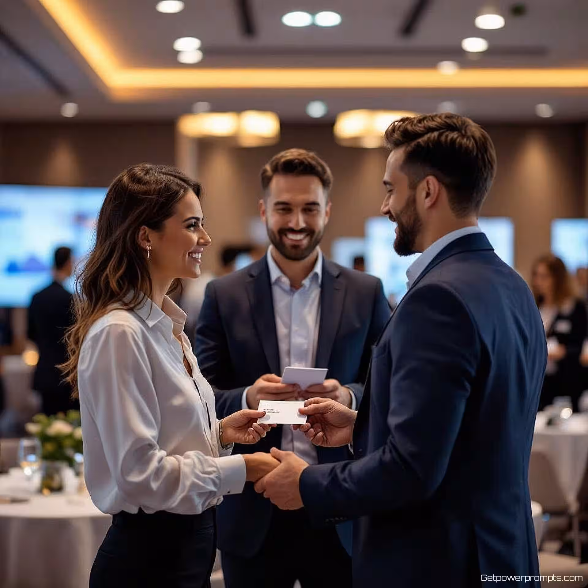 Professionals die visitekaartjes uitwisselen, fotorealistisch, professioneel sfeer, modern conferentiecentrum achtergrond, zacht natuurlijk licht verlichting, professioneel netwerkevenement scène, zakelijke professionals die contact leggen, authentieke interacties, moderne conferentieomgeving, professionele LinkedIn header, zakelijk netwerkthema, natuurlijk perspectief, spontane zakelijke momenten