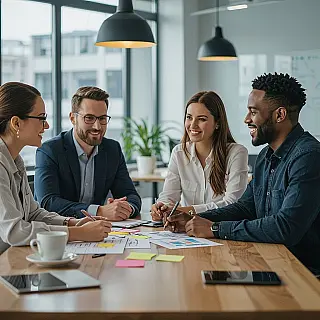 Team brainstormsessie, fotorealistische fotografie, professionele sfeer sfeer, moderne kantoorachtergrond achtergrond, natuurlijke verlichting verlichting, professionele team samenwerking scene, moderne kantooromgeving, diverse professionals, authentieke interactie, zakelijke vergadering esthetiek, natuurlijk perspectief, professionele LinkedIn header, zakelijk teamwork thema