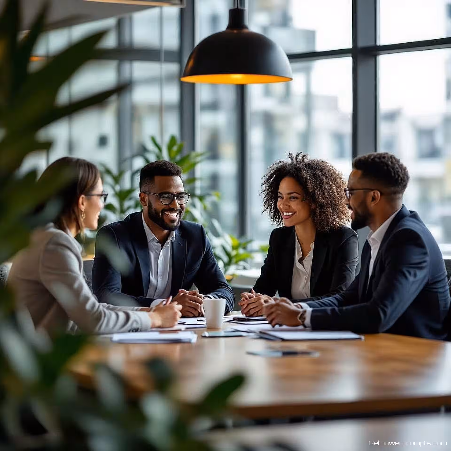 Zakelijke professionals vergadering, fotorealistische fotografie, professionele sfeer sfeer, moderne kantoorachtergrond achtergrond, natuurlijke verlichting verlichting, professionele team samenwerking scene, moderne kantooromgeving, diverse professionals, authentieke interactie, zakelijke vergadering esthetiek, natuurlijk perspectief, professionele LinkedIn header, zakelijk teamwork thema