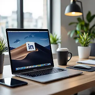 Moderne laptop en accessoires, fotorealistisch, professioneel sfeer, schoon kantoor achtergrond, zacht natuurlijk licht verlichting, moderne werkomgeving, professionele LinkedIn header, opgeruimde bureauopstelling, productiviteitsesthetiek, georganiseerde werkruimte, zakelijke hulpmiddelen, minimale rommel, professionele compositie