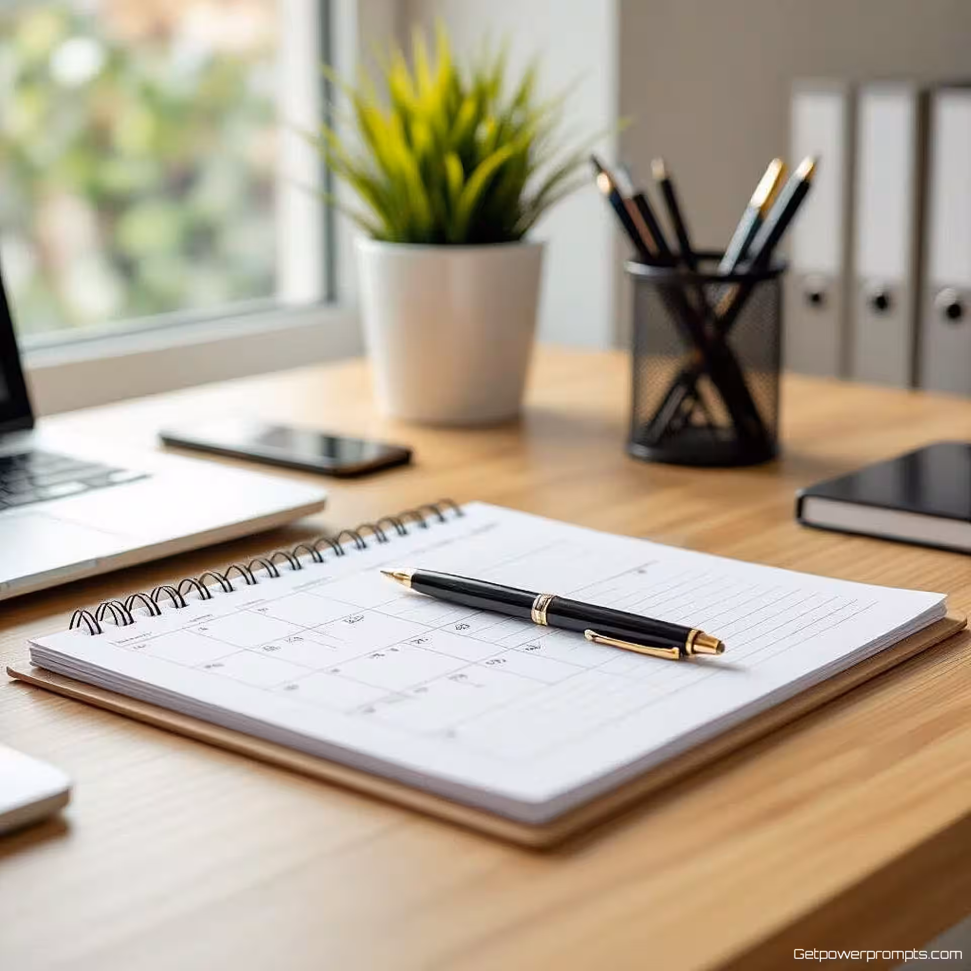 Georganiseerd bureau met planner en pen, fotorealistisch, professioneel sfeer, schoon kantoor achtergrond, zacht natuurlijk licht verlichting, moderne werkomgeving, professionele LinkedIn header, opgeruimde bureauopstelling, productiviteitsesthetiek, georganiseerde werkruimte, zakelijke hulpmiddelen, minimale rommel, professionele compositie