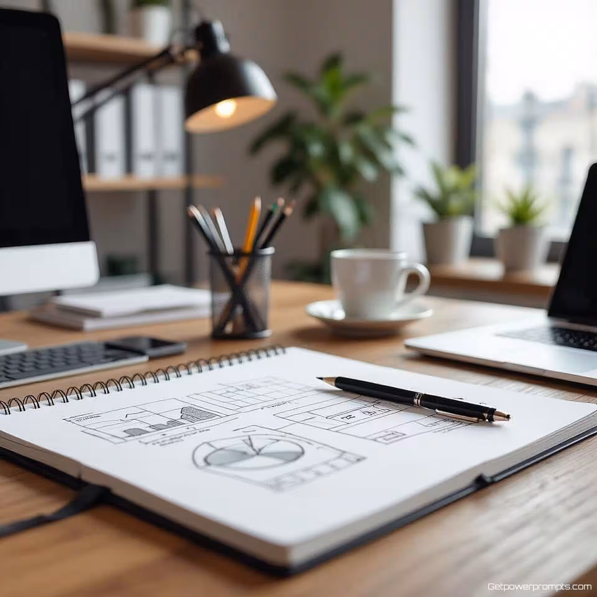 Schetsboek en tekengereedschap, fotorealistisch, professioneel sfeer, schoon kantoor achtergrond, zacht natuurlijk licht verlichting, moderne werkomgeving, professionele LinkedIn header, opgeruimde bureauopstelling, productiviteitsesthetiek, georganiseerde werkruimte, zakelijke hulpmiddelen, minimale rommel, professionele compositie