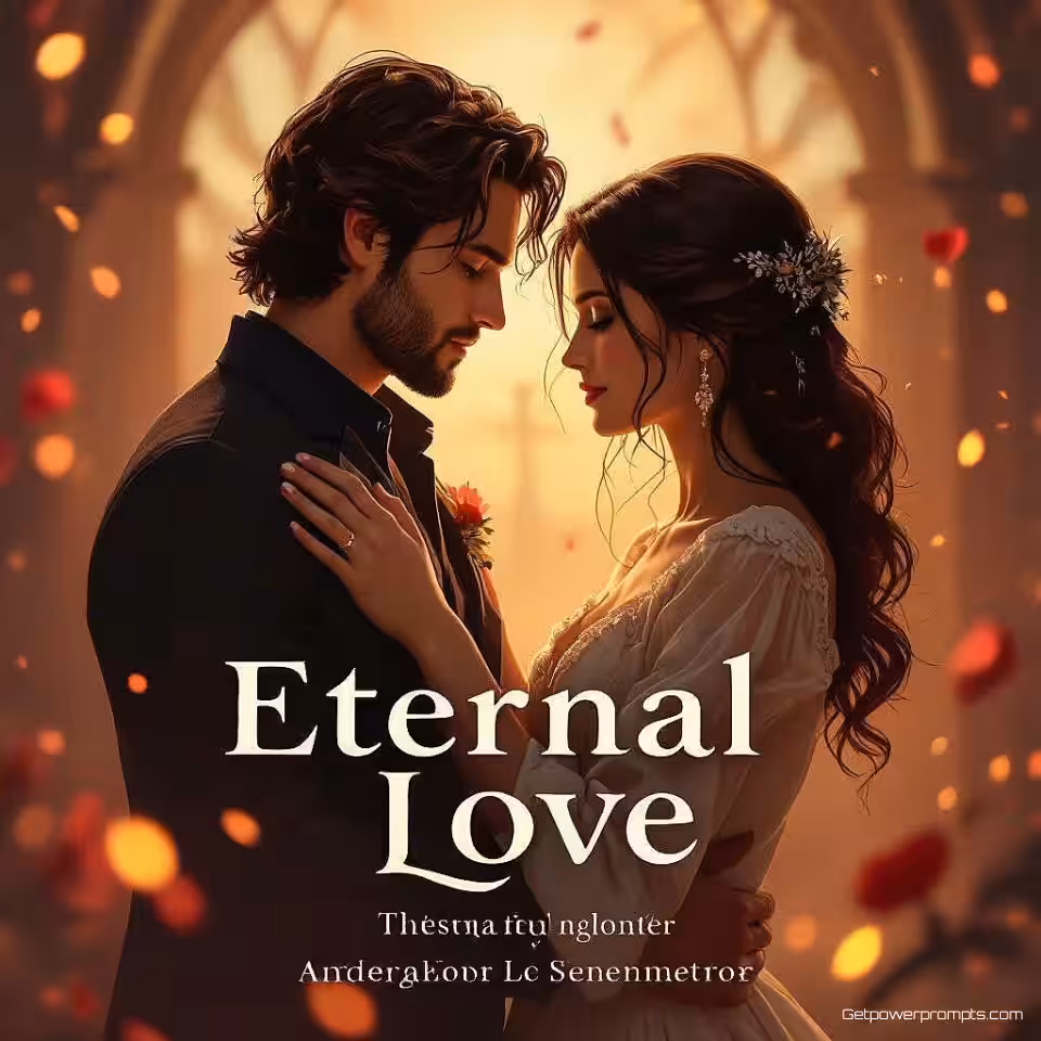 Eeuwige Liefde, illustratie boekomslag ontwerp, gecentreerd perspectief, dramatische verlichting verlichting, aards kleurenpalet kleurenschema, mysterieuze sfeer sfeer, Pinterest verticaal formaat, typografie ontwerp, visuele vertelling, literaire esthetiek, zachte schaduwen, elegante tekstlay-out