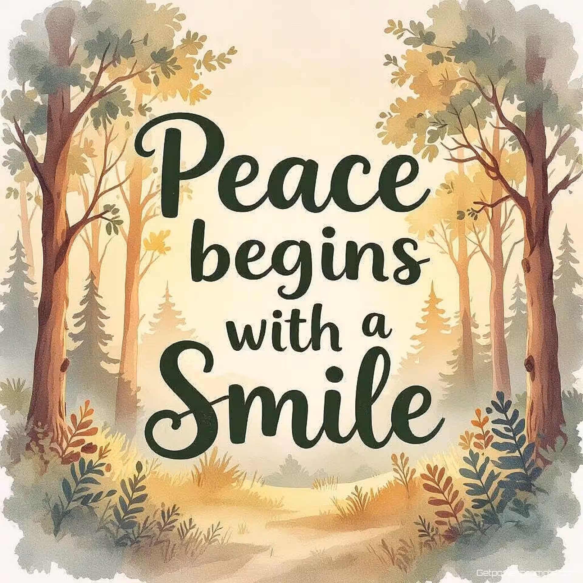 Vrede begint met een glimlach, inspirerende typografie, aquarel illustratie, boslandschap achtergrond, gouden uur verlichting verlichting, aards kleurenschema kleurenschema, rustgevende sfeer sfeer, Pinterest verticaal formaat, motiverende esthetiek, elegante tekstopmaak, zachte schaduwen, inspirerend grafisch ontwerp, natuurelementen, organische texturen, inspirerende citaatkaart