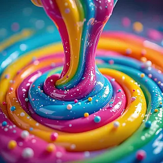 Kleurrijk slijm mengen, ASMR-transformatie-esthetiek, extreme close-up perspectief, studiobelichting verlichting, pastelkleuren kleurenschema, macrofotografie, bevredigende textuuronthulling, dramatisch voor-en-na moment, scherpe details, zachte achtergrondfocus, trending TikTok-visueel, zintuiglijke aantrekkingskracht, visueel contrast, onthullingsanticipatie