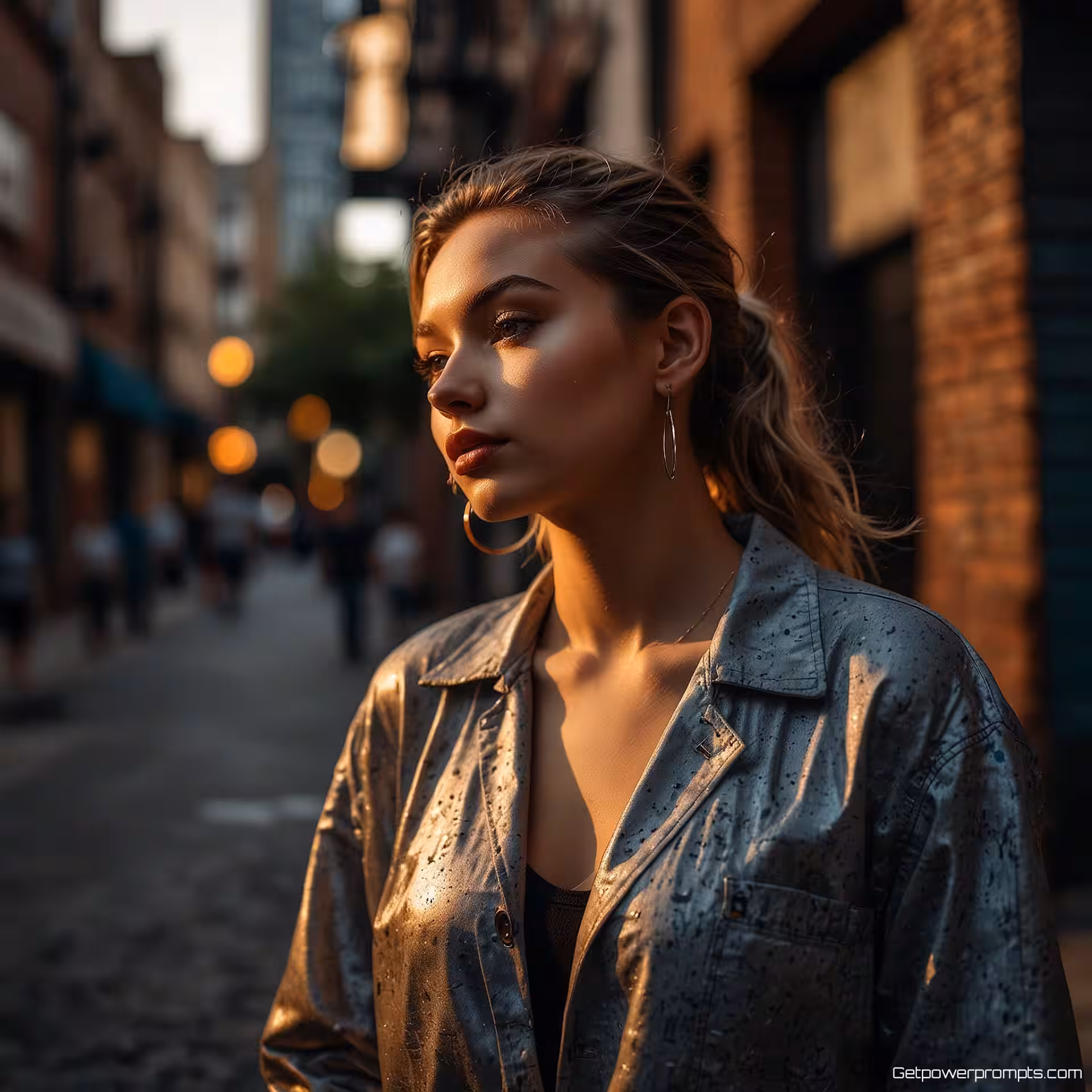 Straatmode model, stedelijke straatfotografie, dramatisch sfeer, stedelijk steegje achtergrond, gouden uur verlichting, close-up perspectief, dynamische hoeken, levendige straatkunst, authentieke stedelijke esthetiek, trending TikTok-miniatuur, krachtige visuele impact, bewegingsonscherpe effect, spontane straatstijl