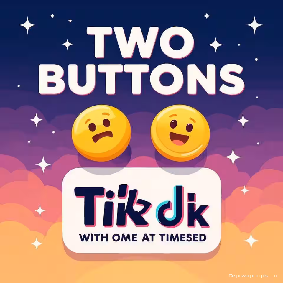 Twee Knoppen-memesjabloon, digitale illustratie, humoristisch sfeer, verloopachtergrond achtergrond, zacht licht verlichting, virale TikTok-esthetiek, gedurfde tekstoverlay, trending memesformaat, opvallende compositie, geoptimaliseerd voor sociale media, humoristisch visueel, deelbare inhoud, internetcultuurverwijzing, aandachtstrekkende miniatuur