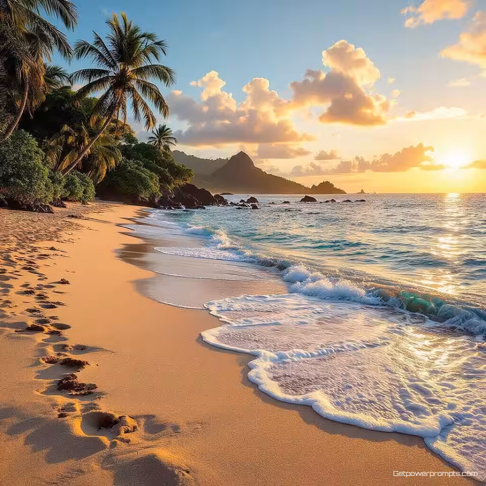 Tropisch strand, fotorealistisch, avontuurlijk sfeer, natuurlijk landschap achtergrond, gouden uur belichting, breed hoek perspectief, reizen vlog esthetiek, trending TikTok miniatuur, wanderlust vibe, levendige kleuren, oogstrelende compositie, geoptimaliseerd voor sociale media, avontuurlijk moment, schilderachtige achtergrond, influencer reizen inhoud