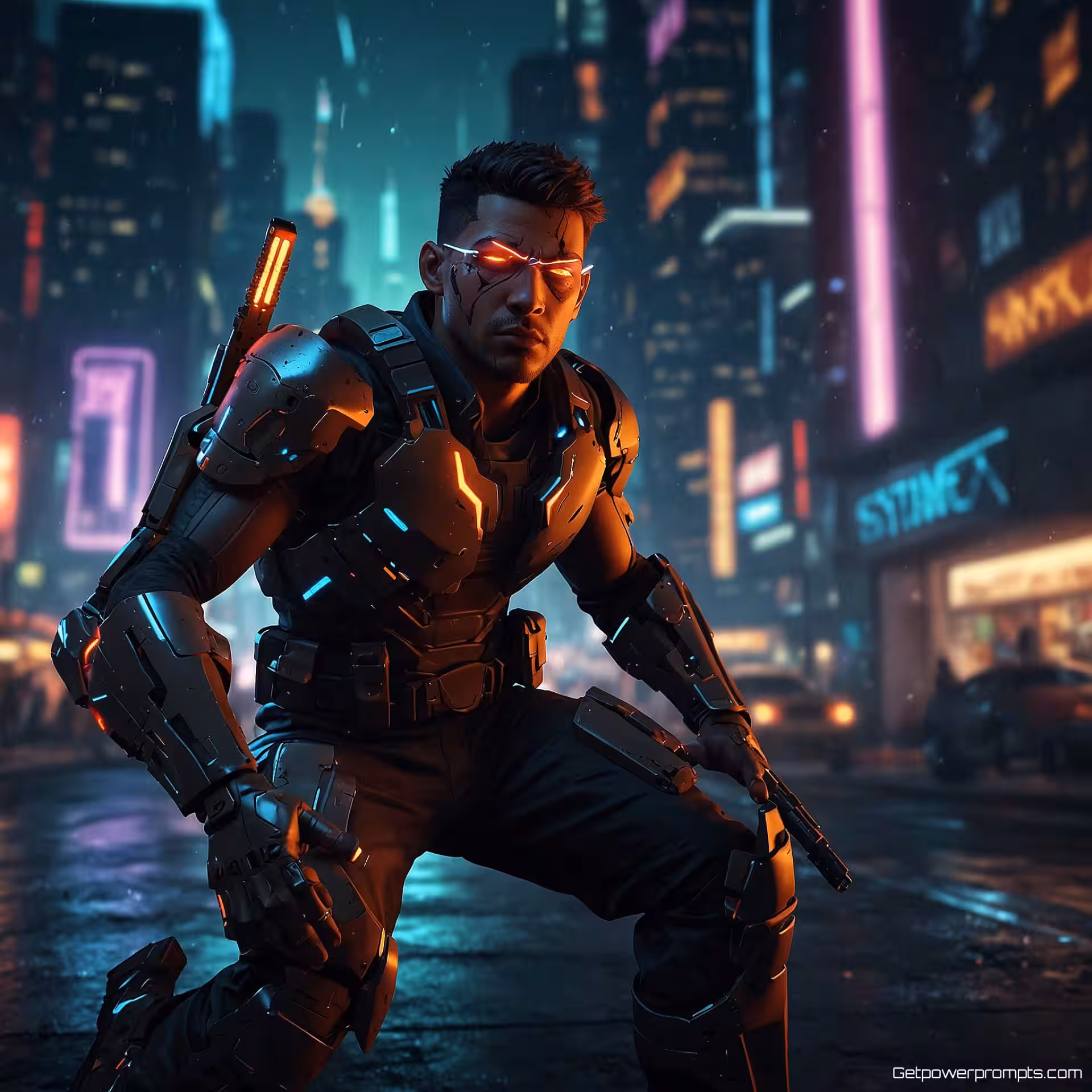 Geanimeerd spelpersonage met expressieve kenmerken, cartoonillustratiestijl, intense actiesfeer sfeer, futuristische stadsachtergrond achtergrond, sfeervolle belichting belichting, dynamische actiepose, intense gezichtsuitdrukking, gaming YouTube-miniatuur, hoogenergetische compositie, aandacht trekkende visuele effecten