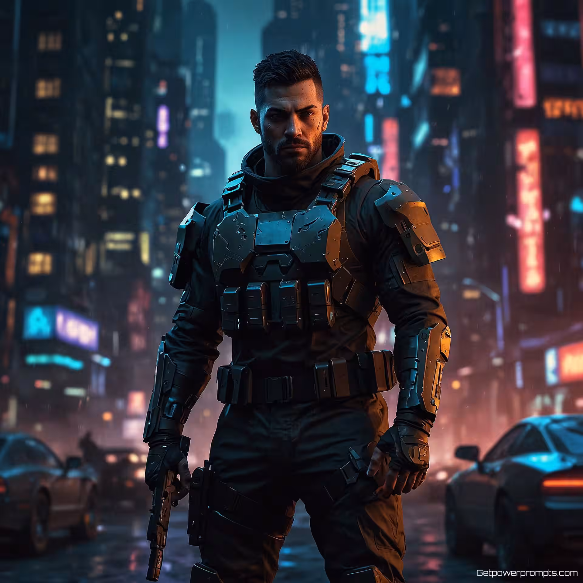 Cyberpunk soldaat met futuristische uitrusting, digitale schilderstijl, dramatische confrontatiescène sfeer, futuristische stadsachtergrond achtergrond, dramatische belichtingseffecten belichting, dynamische actiepose, intense gezichtsuitdrukking, gaming YouTube-miniatuur, hoogenergetische compositie, aandacht trekkende visuele effecten