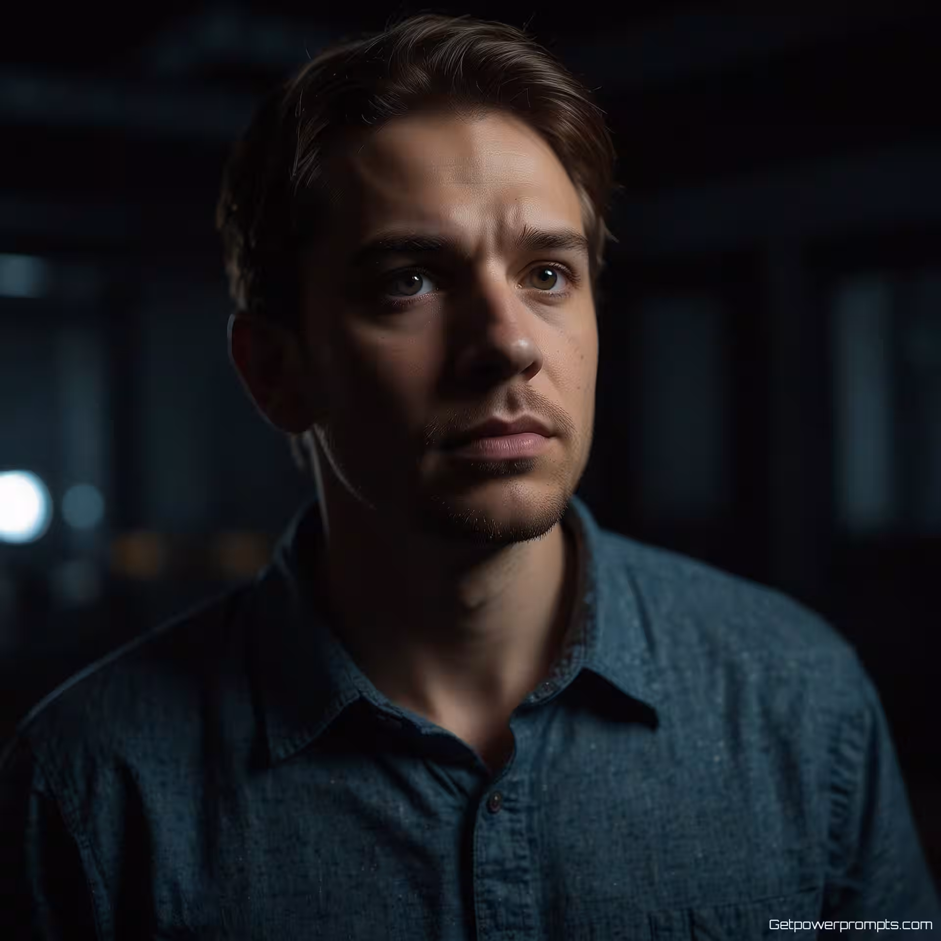 Tech recensent, cinematografische portretfotografie, intens sfeer, dramatische cinematografische verlichting verlichting, wazig achtergrond, intens oogcontact, ondiepe scherptediepte, professionele YouTube-miniatuur, hoge emotionele impact, aandacht trekkende uitdrukking