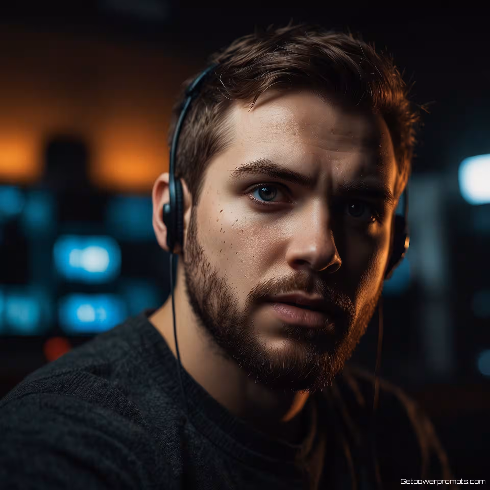 Gaming streamer, cinematografische portretfotografie, intens sfeer, dramatische cinematografische verlichting verlichting, wazig achtergrond, intens oogcontact, ondiepe scherptediepte, professionele YouTube-miniatuur, hoge emotionele impact, aandacht trekkende uitdrukking