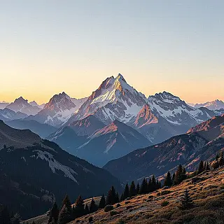 Bergketen, fotorealistisch, minimalistische natuur esthetiek, groothoek perspectief, gouden uur verlichting, aards, schone natuurlijke achtergrond, brede panoramische compositie, X header afmetingen, serene sfeer, ondiepe scherptediepte