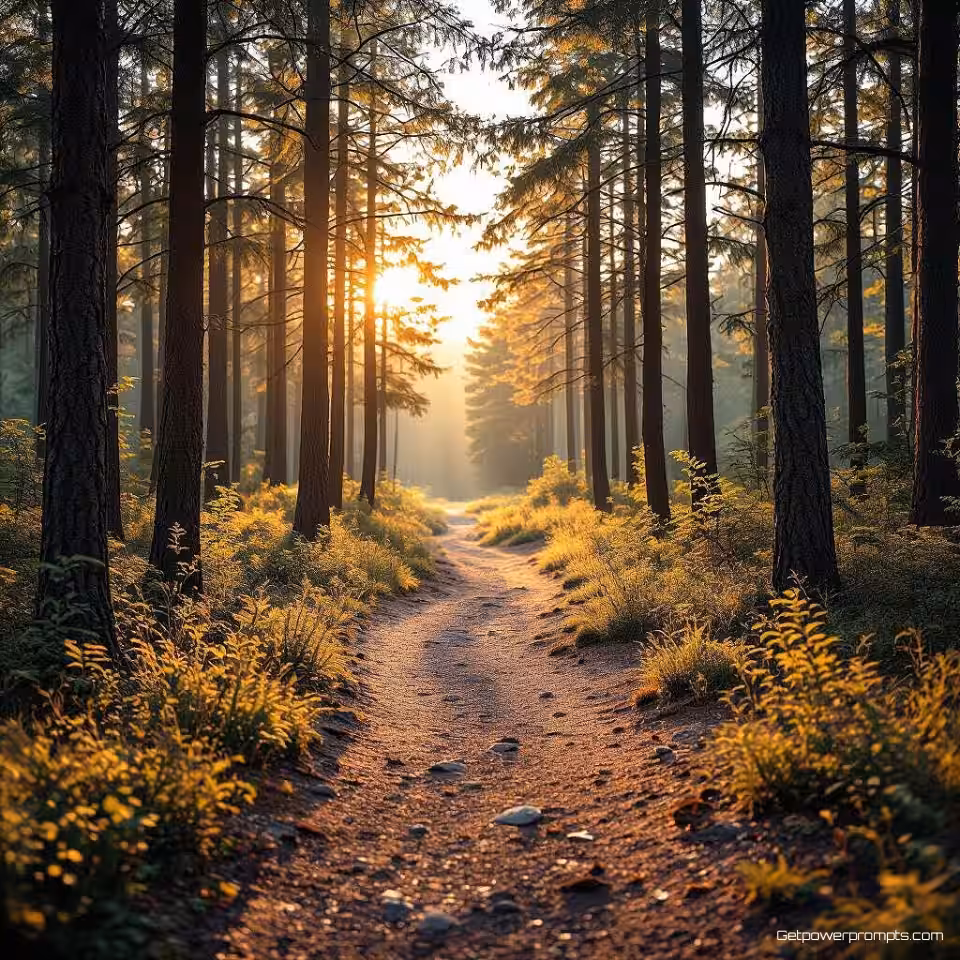 Bos pad, fotorealistisch, minimalistische natuur esthetiek, groothoek perspectief, gouden uur verlichting, aards, schone natuurlijke achtergrond, brede panoramische compositie, X header afmetingen, serene sfeer, ondiepe scherptediepte