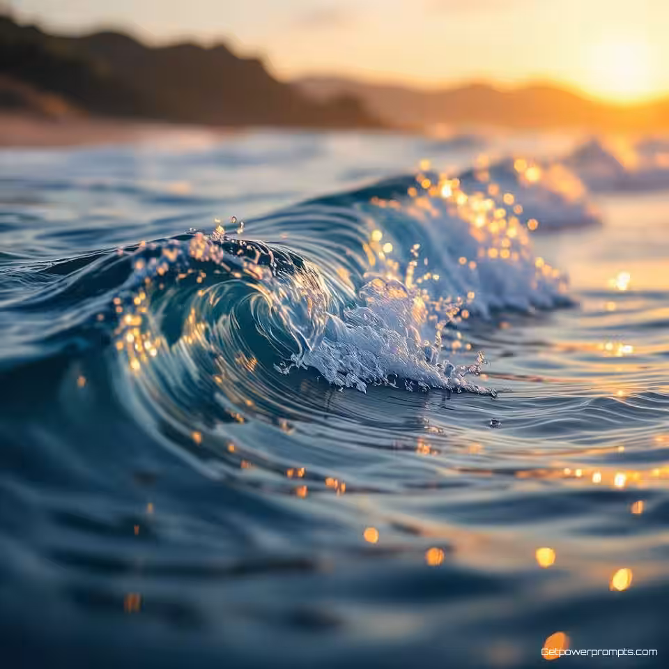 Oceaangolven, fotorealistisch, minimalistische natuur esthetiek, groothoek perspectief, gouden uur verlichting, aards, schone natuurlijke achtergrond, brede panoramische compositie, X header afmetingen, serene sfeer, ondiepe scherptediepte