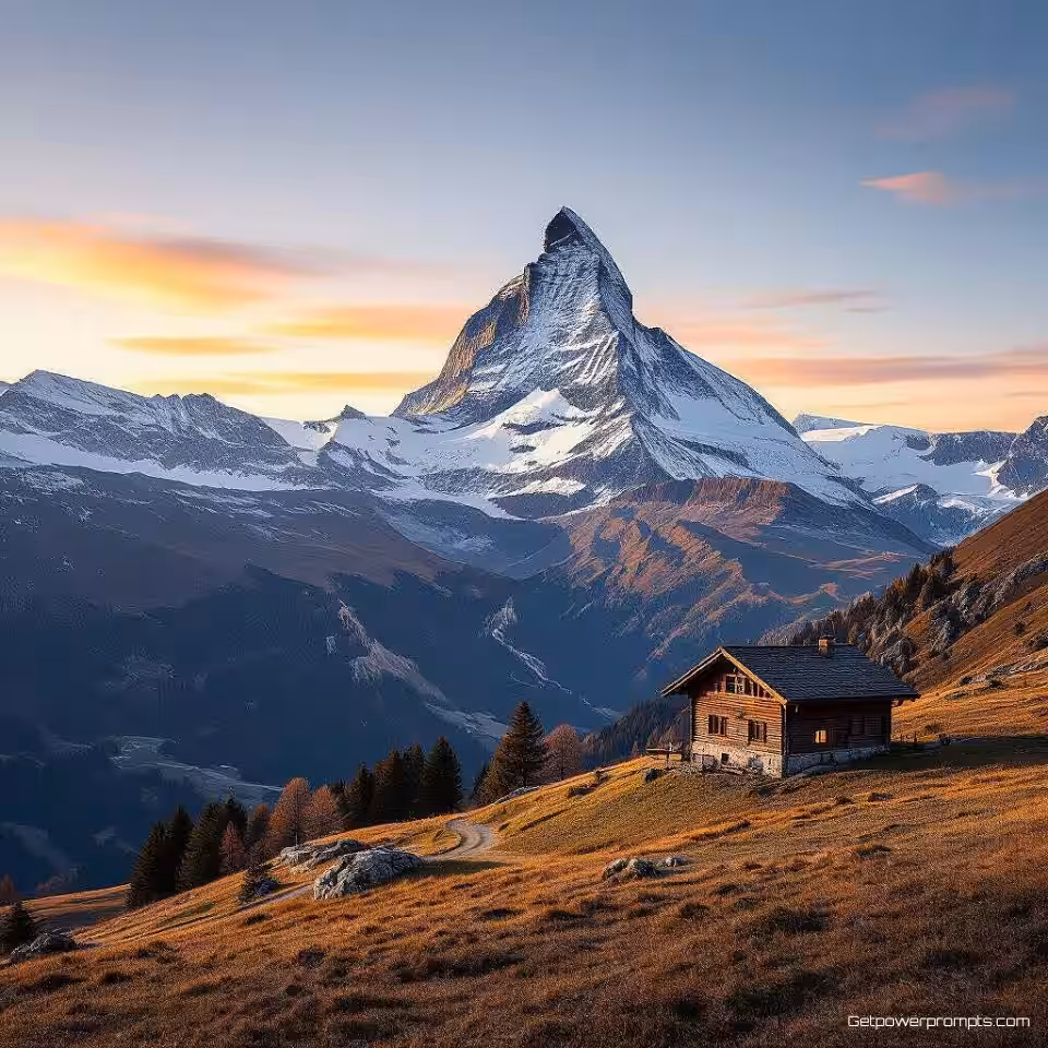 Zwitserse Alpen, fotorealistisch reisfotografie, groothoek perspectief, gouden uur belichting, pastelkleuren, wazig achtergrond, brede panoramische compositie, X header afmetingen, minimalistische reisesthetiek, schone lijnen, ondiepe scherptediepte