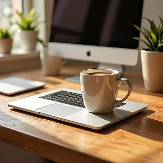 Moderne laptop en koffiemok, fotorealistisch, minimalistische werkruimte esthetiek, bovenaanzicht perspectief perspectief, natuurlijke verlichting verlichting, neutrale tonen, schone bureauopstelling, brede panoramische compositie, X header afmetingen, professionele remote work sfeer, ondiepe scherptediepte