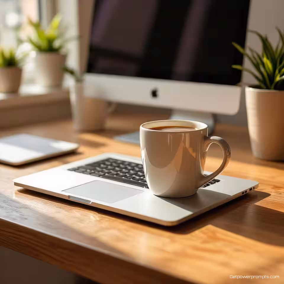 Moderne laptop en koffiemok, fotorealistisch, minimalistische werkruimte esthetiek, bovenaanzicht perspectief perspectief, natuurlijke verlichting verlichting, neutrale tonen, schone bureauopstelling, brede panoramische compositie, X header afmetingen, professionele remote work sfeer, ondiepe scherptediepte