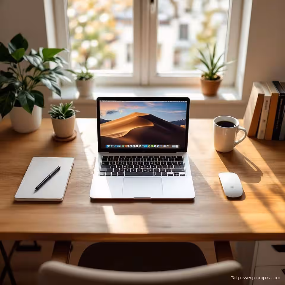 Schoon bureau met enkele laptop, fotorealistisch, minimalistische werkruimte esthetiek, bovenaanzicht perspectief perspectief, natuurlijke verlichting verlichting, neutrale tonen, schone bureauopstelling, brede panoramische compositie, X header afmetingen, professionele remote work sfeer, ondiepe scherptediepte