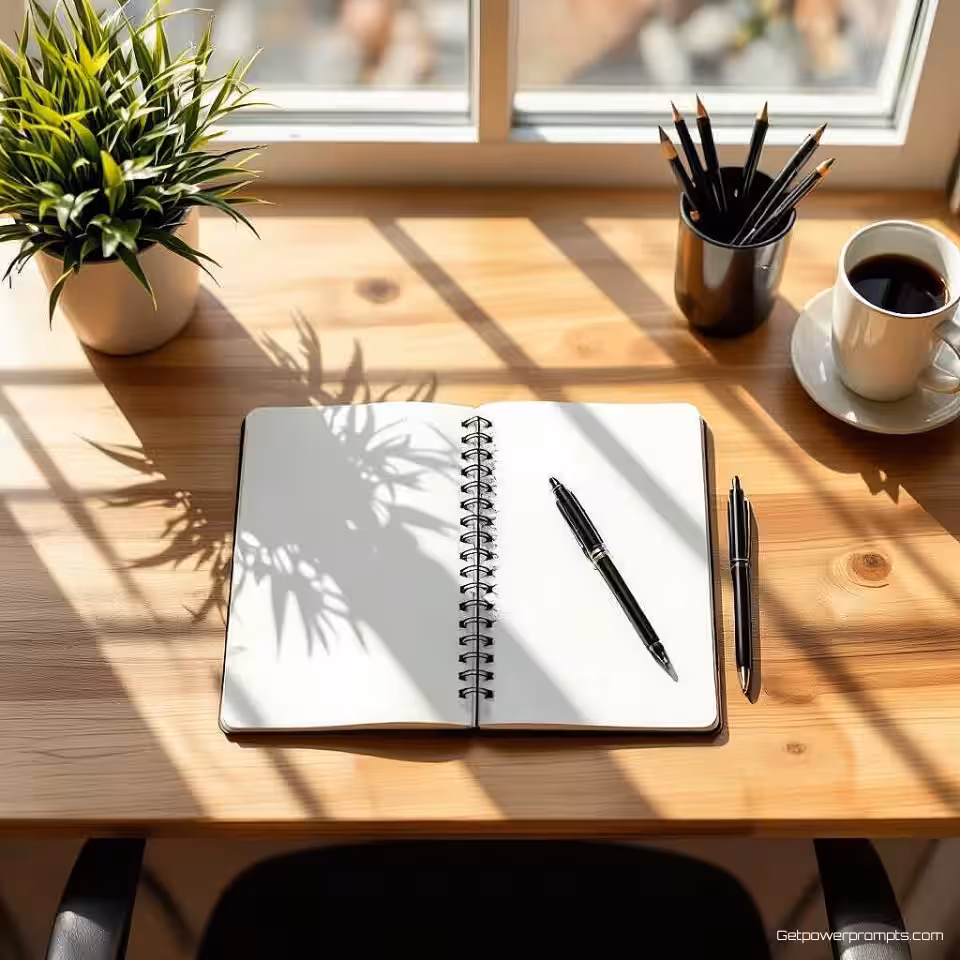Bureau met schetsboek en pennen, fotorealistisch, minimalistische werkruimte esthetiek, bovenaanzicht perspectief perspectief, natuurlijke verlichting verlichting, neutrale tonen, schone bureauopstelling, brede panoramische compositie, X header afmetingen, professionele remote work sfeer, ondiepe scherptediepte