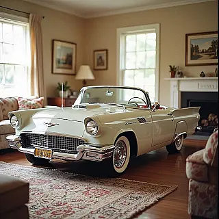 Cabriolet auto uit de jaren 50, 35mm filmfotografie fotografie, sepia kleurenpalet, woonkamer jaren 70 achtergrond, zacht natuurlijk licht belichting, nostalgische sfeer sfeer, breed panoramisch compositie, X header afmetingen, filmkorrel textuur, nostalgische esthetiek, ondiepe scherptediepte