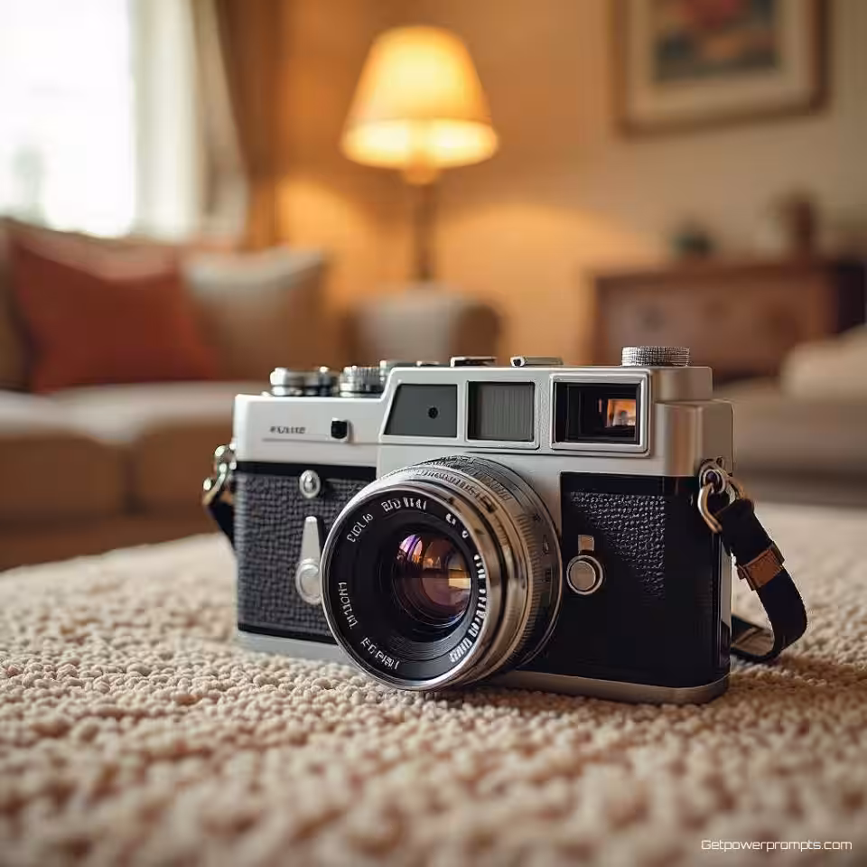 Vintage filmcamera, 35mm filmfotografie fotografie, sepia kleurenpalet, woonkamer jaren 70 achtergrond, zacht natuurlijk licht belichting, nostalgische sfeer sfeer, breed panoramisch compositie, X header afmetingen, filmkorrel textuur, nostalgische esthetiek, ondiepe scherptediepte