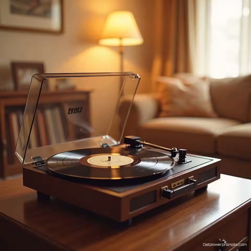 Vinylplatenspeler, 35mm filmfotografie fotografie, sepia kleurenpalet, woonkamer jaren 70 achtergrond, zacht natuurlijk licht belichting, nostalgische sfeer sfeer, breed panoramisch compositie, X header afmetingen, filmkorrel textuur, nostalgische esthetiek, ondiepe scherptediepte