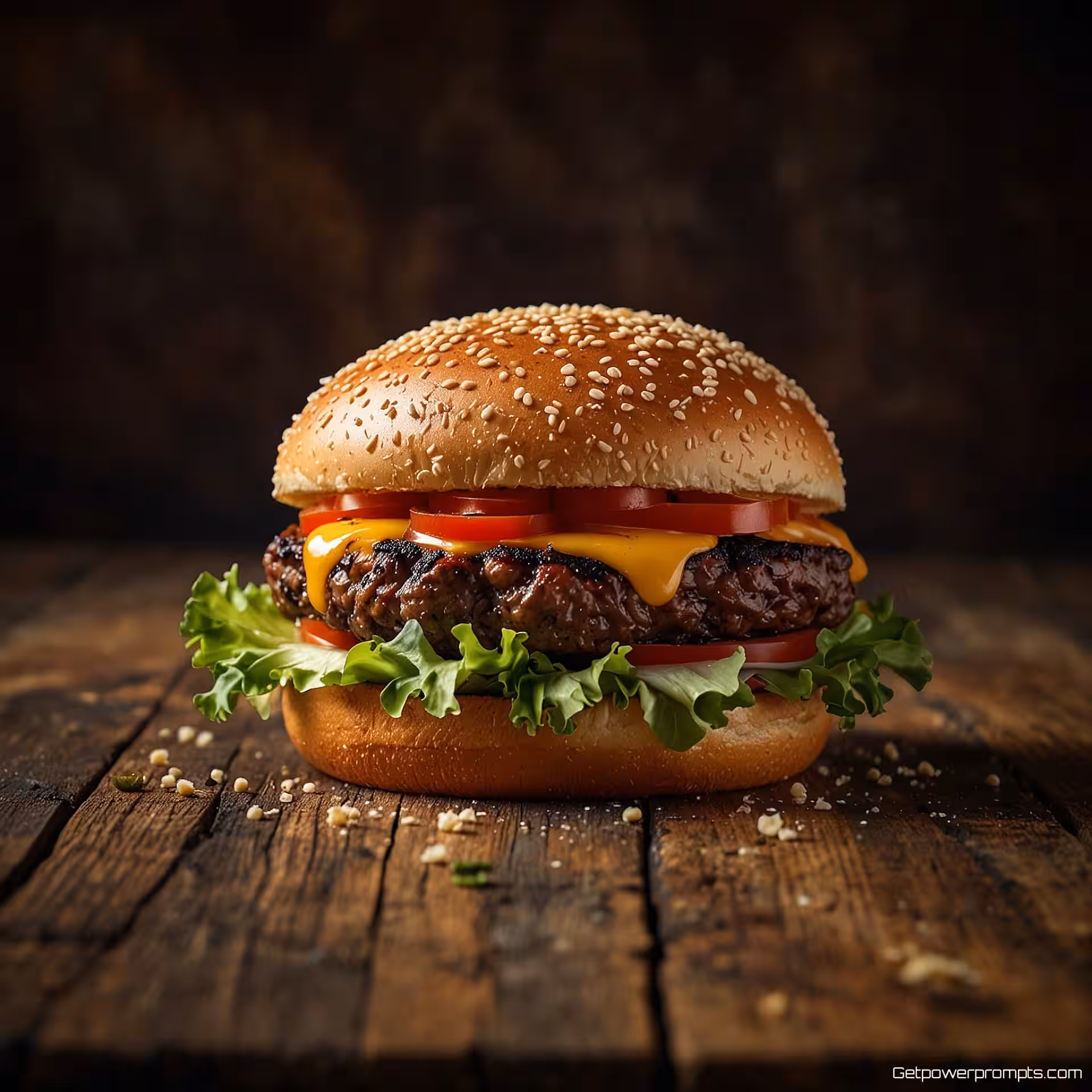 Gourmetburger, professionele voedselfotografie, houten tafel achtergrond, studiobelichting verlichting, bovenaanzicht perspectief, social media inhoud, smakelijke presentatie, ondiepe scherptediepte, levendige kleuren, verse ingrediënten