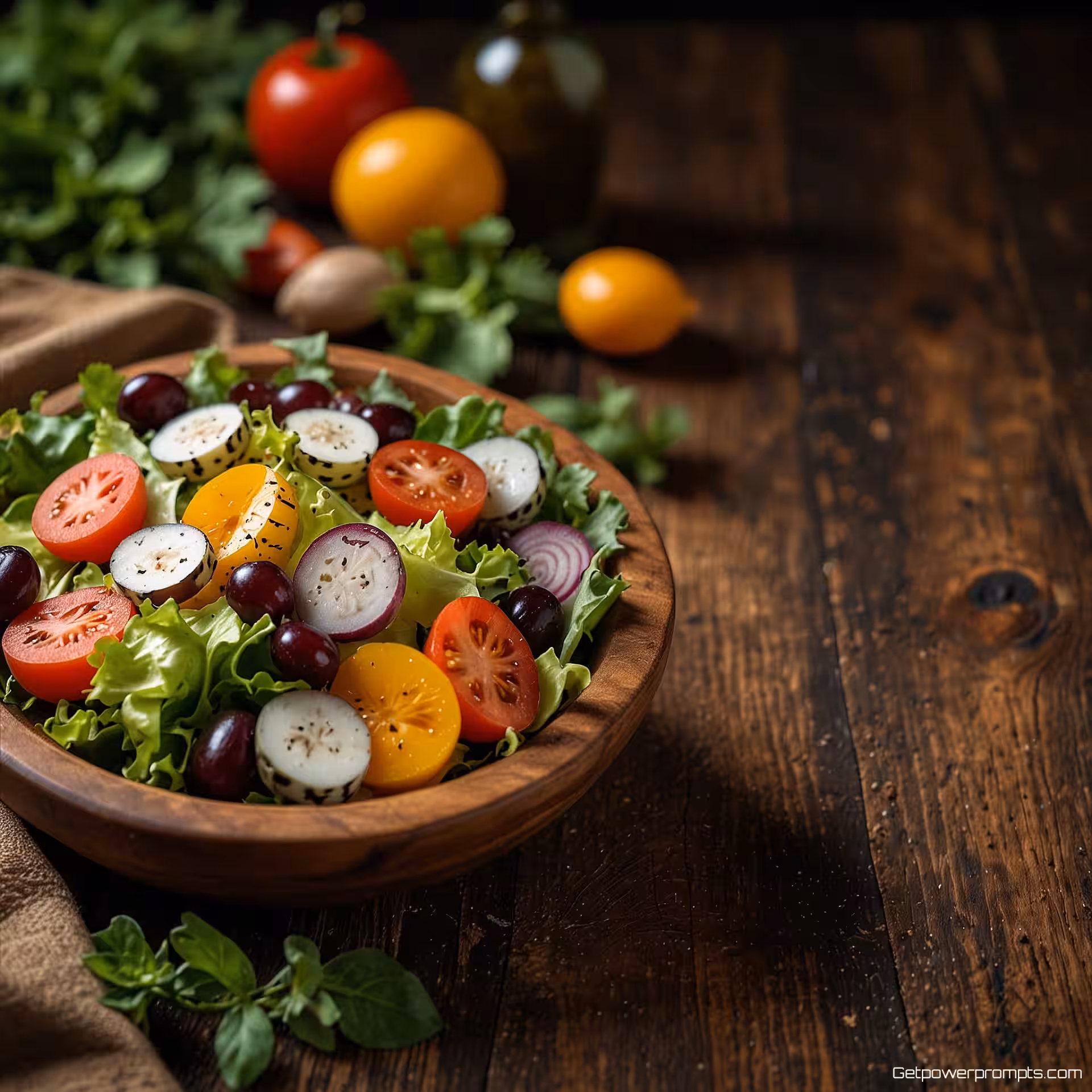 Verse salade, professionele voedselfotografie, houten tafel achtergrond, natuurlijke verlichting verlichting, close-up perspectief, social media inhoud, smakelijke presentatie, ondiepe scherptediepte, levendige kleuren, verse ingrediënten