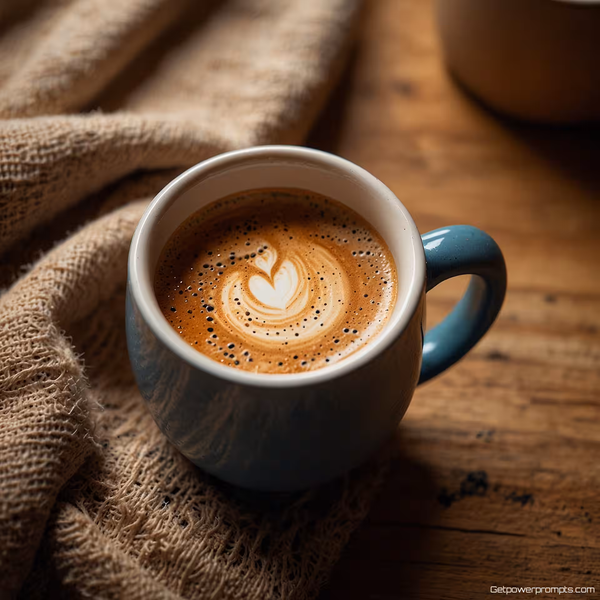 Ambachtelijke keramische koffiemok, lifestylefotografie, gezellig woninginterieur achtergrond, warme gouden uur verlichting verlichting, bovenaanzicht compositie perspectief, social media inhoud, authentiek moment, zachte achtergrondfocus, professionele esthetiek