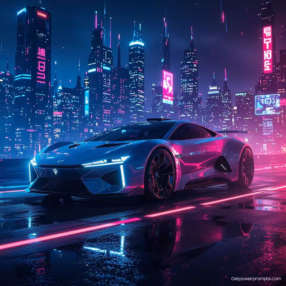 Futuristisch voertuig, digitale kunst, dramatisch sfeer, futuristische stad achtergrond, neon verlichting verlichting, neon kleuren, futuristisch stadslandschap, neon gloei-effecten, cyberpunk esthetiek, modern website hero beeld, digitale interface-elementen, holografische displays, technologische vooruitgang, stedelijke toekomstvisie