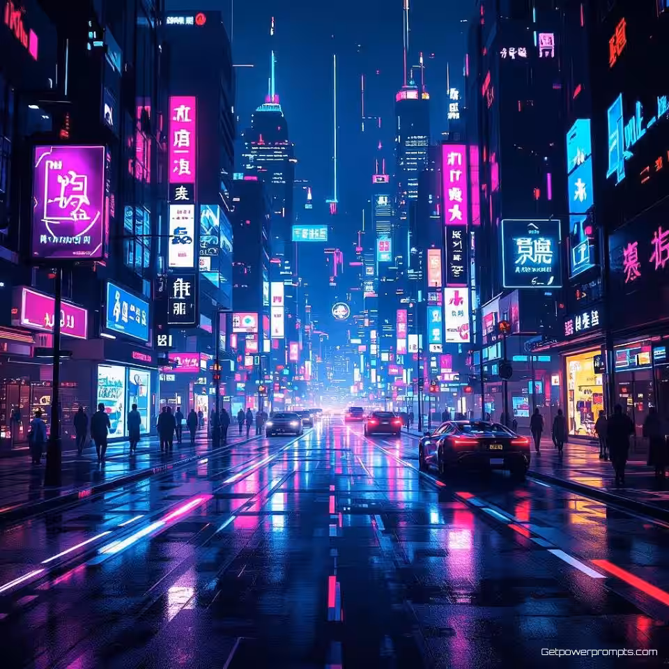 Neon straatscène, digitale kunst, dramatisch sfeer, futuristische stad achtergrond, neon verlichting verlichting, neon kleuren, futuristisch stadslandschap, neon gloei-effecten, cyberpunk esthetiek, modern website hero beeld, digitale interface-elementen, holografische displays, technologische vooruitgang, stedelijke toekomstvisie