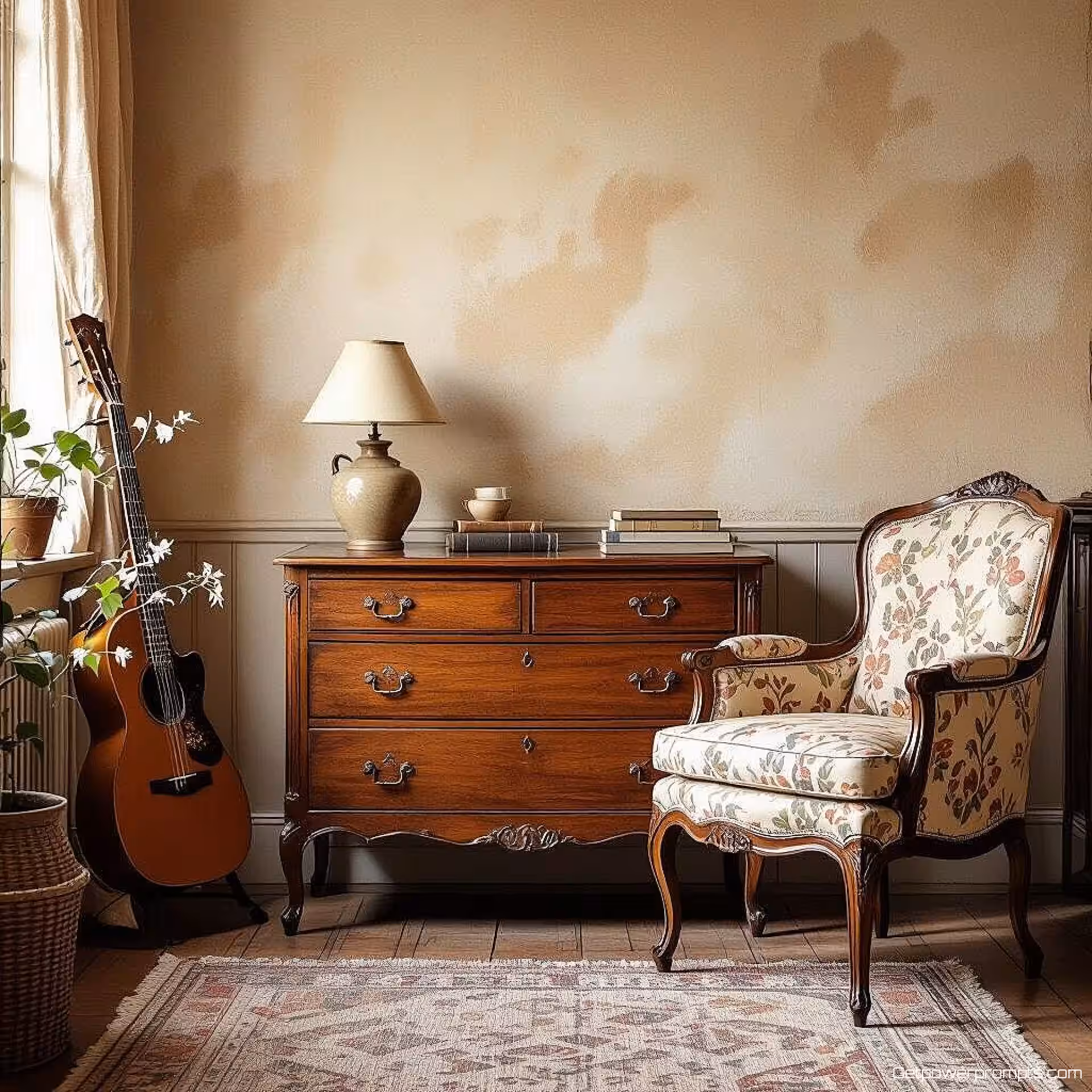 Klassiek meubilair, fotorealistisch, nostalgisch sfeer, vintage studio achtergrond, zacht licht belichting, vintage esthetiek, retro ontwerpelementen, nostalgische compositie, moderne website hero afbeelding, analoge texturen, aards kleurenpalet, filmkorrel effect, klassieke stijl