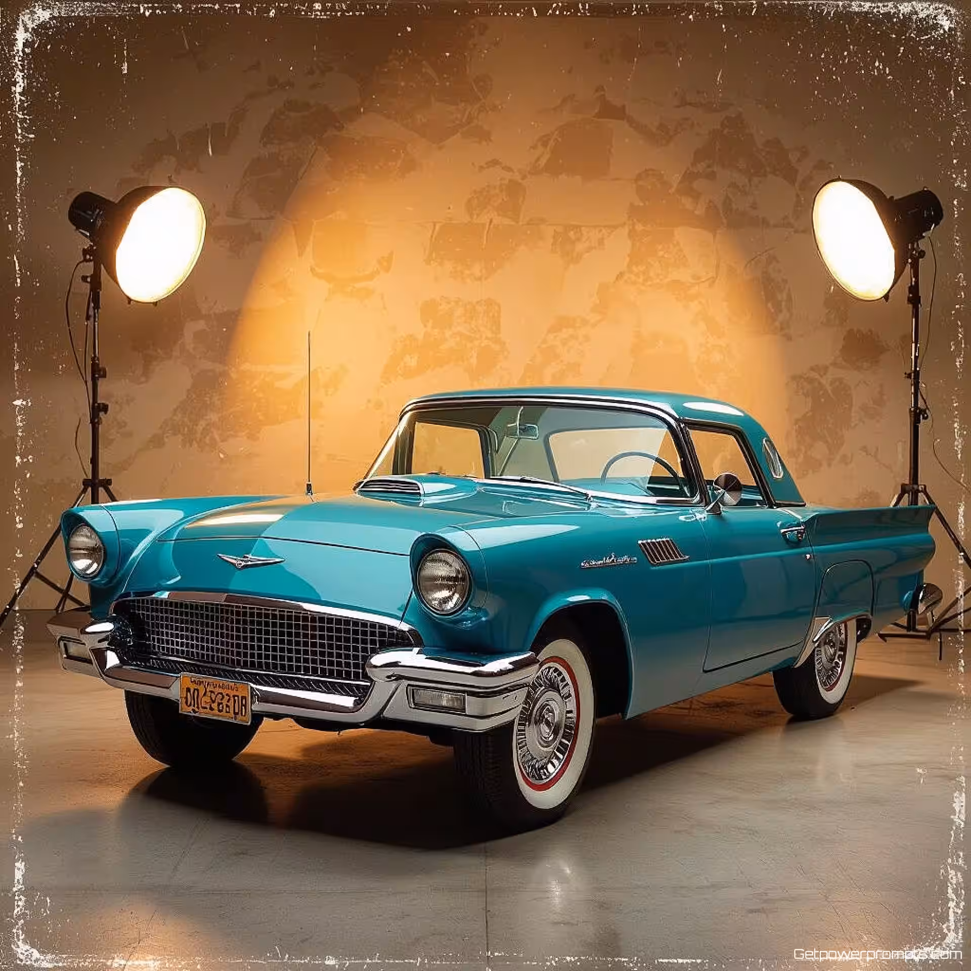 Retro auto, fotorealistisch, nostalgisch sfeer, vintage studio achtergrond, zacht licht belichting, vintage esthetiek, retro ontwerpelementen, nostalgische compositie, moderne website hero afbeelding, analoge texturen, aards kleurenpalet, filmkorrel effect, klassieke stijl