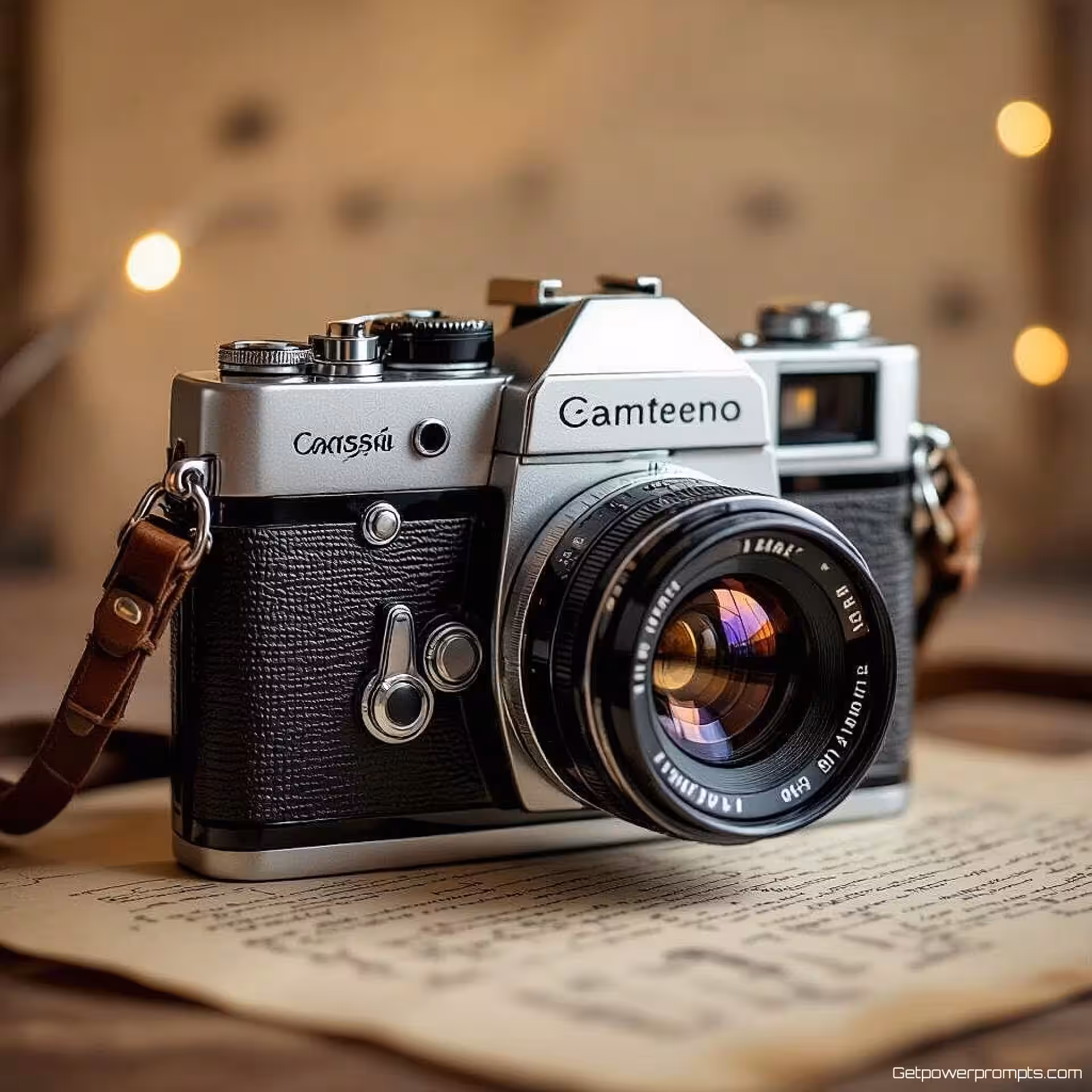Vintage camera, fotorealistisch, nostalgisch sfeer, vintage studio achtergrond, zacht licht belichting, vintage esthetiek, retro ontwerpelementen, nostalgische compositie, moderne website hero afbeelding, analoge texturen, aards kleurenpalet, filmkorrel effect, klassieke stijl