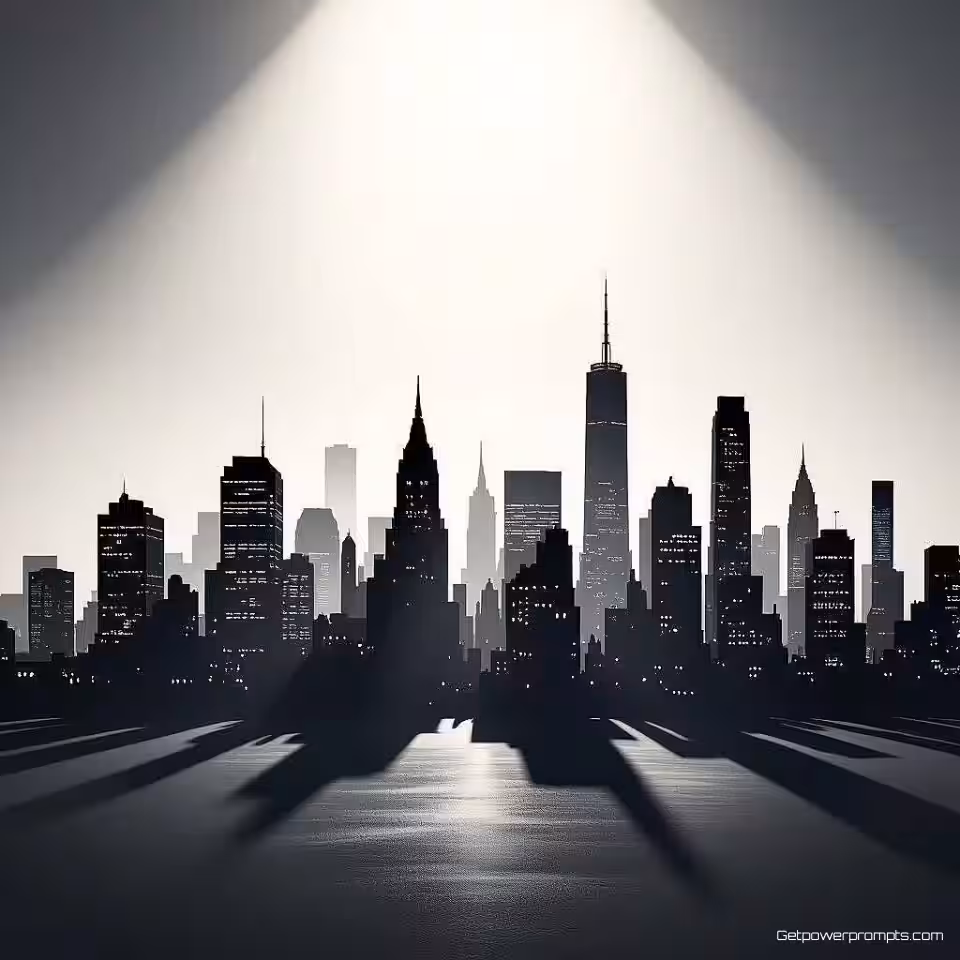 Silhouet stadsskyline, fotorealistisch, dramatisch sfeer, donkere studio achtergrond, zijlicht verlichting, cinematische compositie, blogkoptekst ontwerp, dramatische schaduwen, professionele presentatie, visuele vertelling, atmosferische diepte