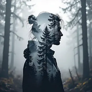 Bos met menselijk profiel, dubbele belichting fotografie, fotorealistisch elementen, monochroom kleurenschema, verloop achtergrond achtergrond, zacht diffuus licht belichting, gelaagde compositie, blog header ontwerp, transparante overlays, visuele verhaalvertelling, professionele presentatie, schone typografie ruimte, etherische sfeer, naadloze overvloeiing