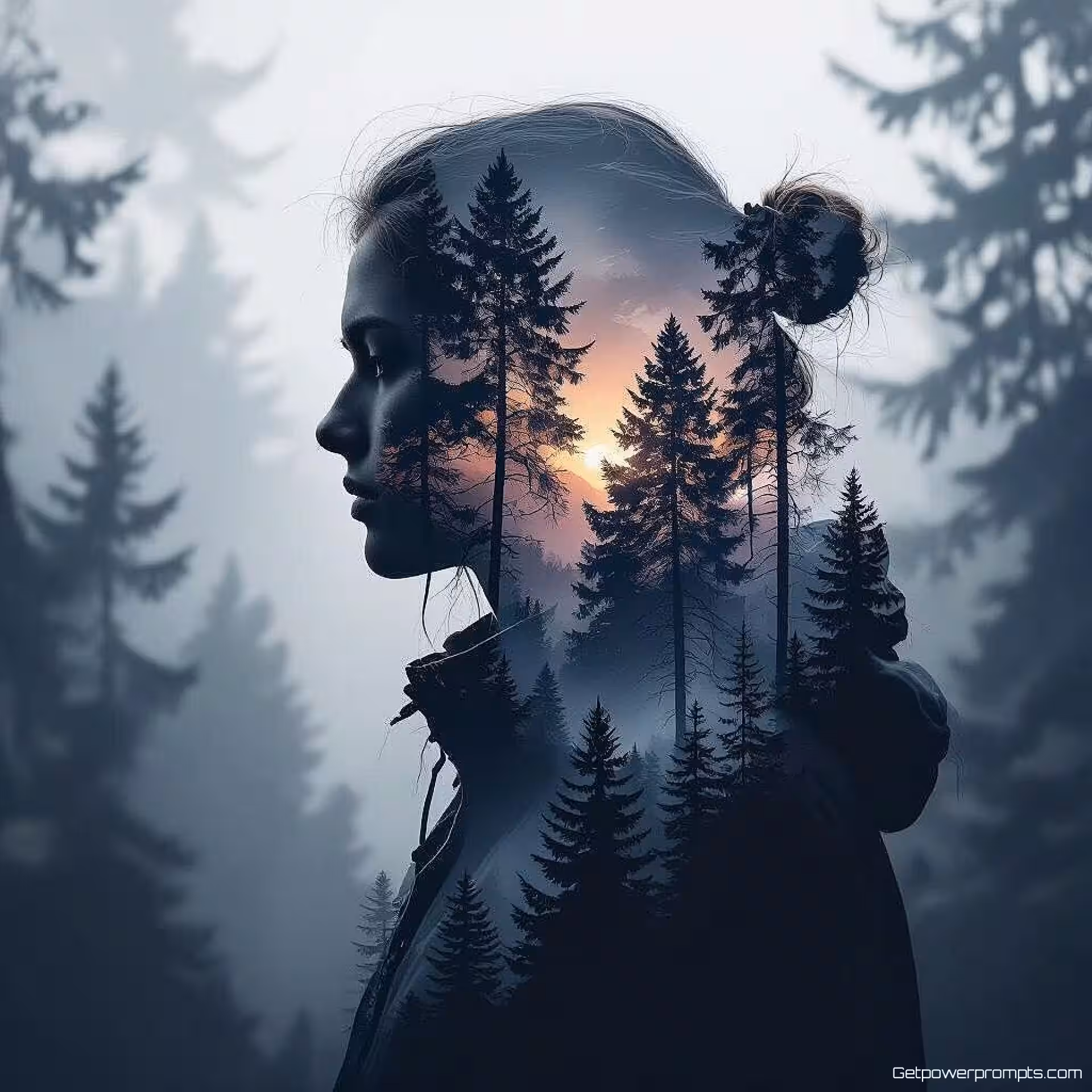 Bos met menselijk profiel, dubbele belichting fotografie, illustratie elementen, monochroom kleurenschema, verloop achtergrond achtergrond, zacht diffuus licht belichting, gelaagde compositie, blog header ontwerp, transparante overlays, visuele verhaalvertelling, professionele presentatie, schone typografie ruimte, etherische sfeer, naadloze overvloeiing