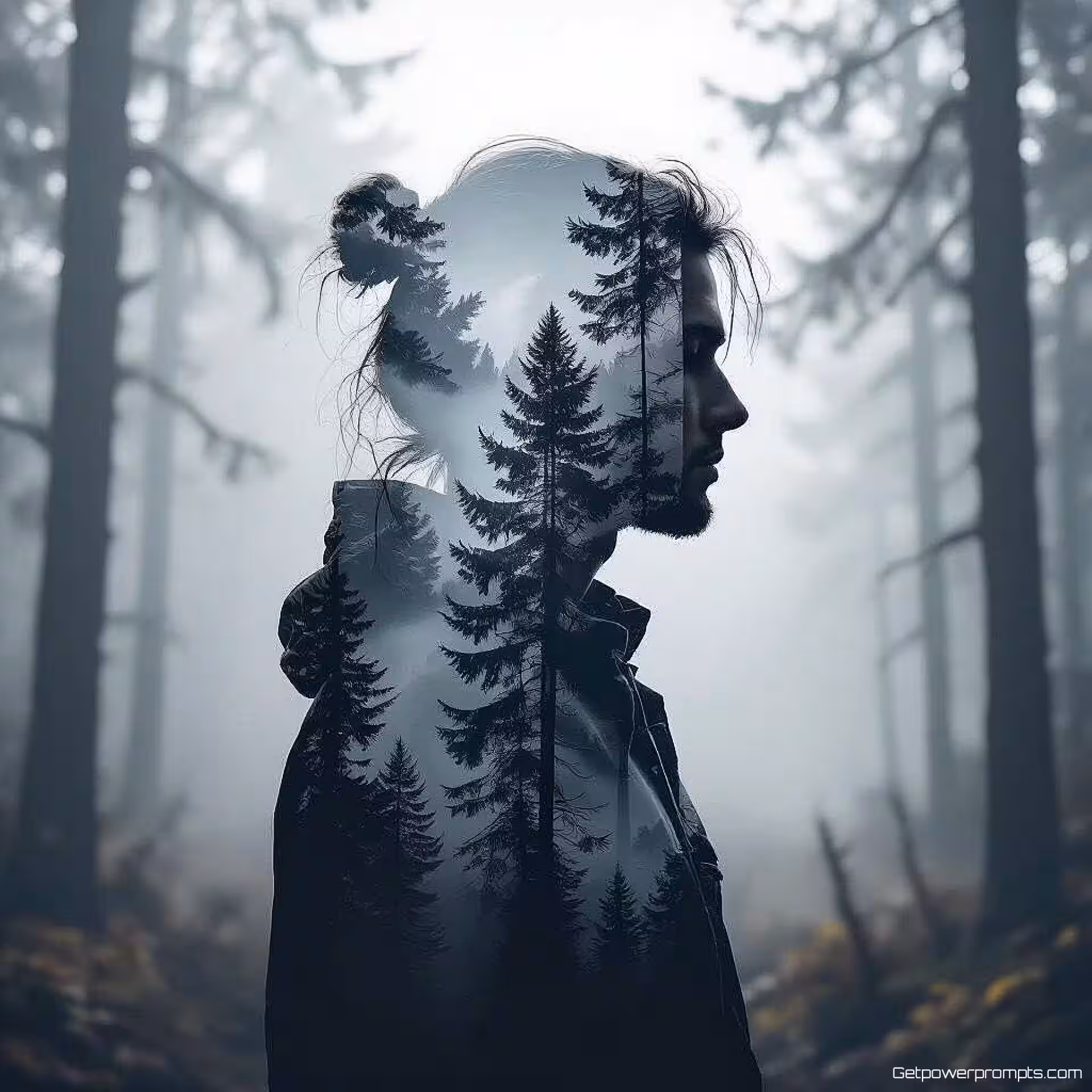 Bos met menselijk profiel, dubbele belichting fotografie, fotorealistisch elementen, monochroom kleurenschema, verloop achtergrond achtergrond, zacht diffuus licht belichting, gelaagde compositie, blog header ontwerp, transparante overlays, visuele verhaalvertelling, professionele presentatie, schone typografie ruimte, etherische sfeer, naadloze overvloeiing