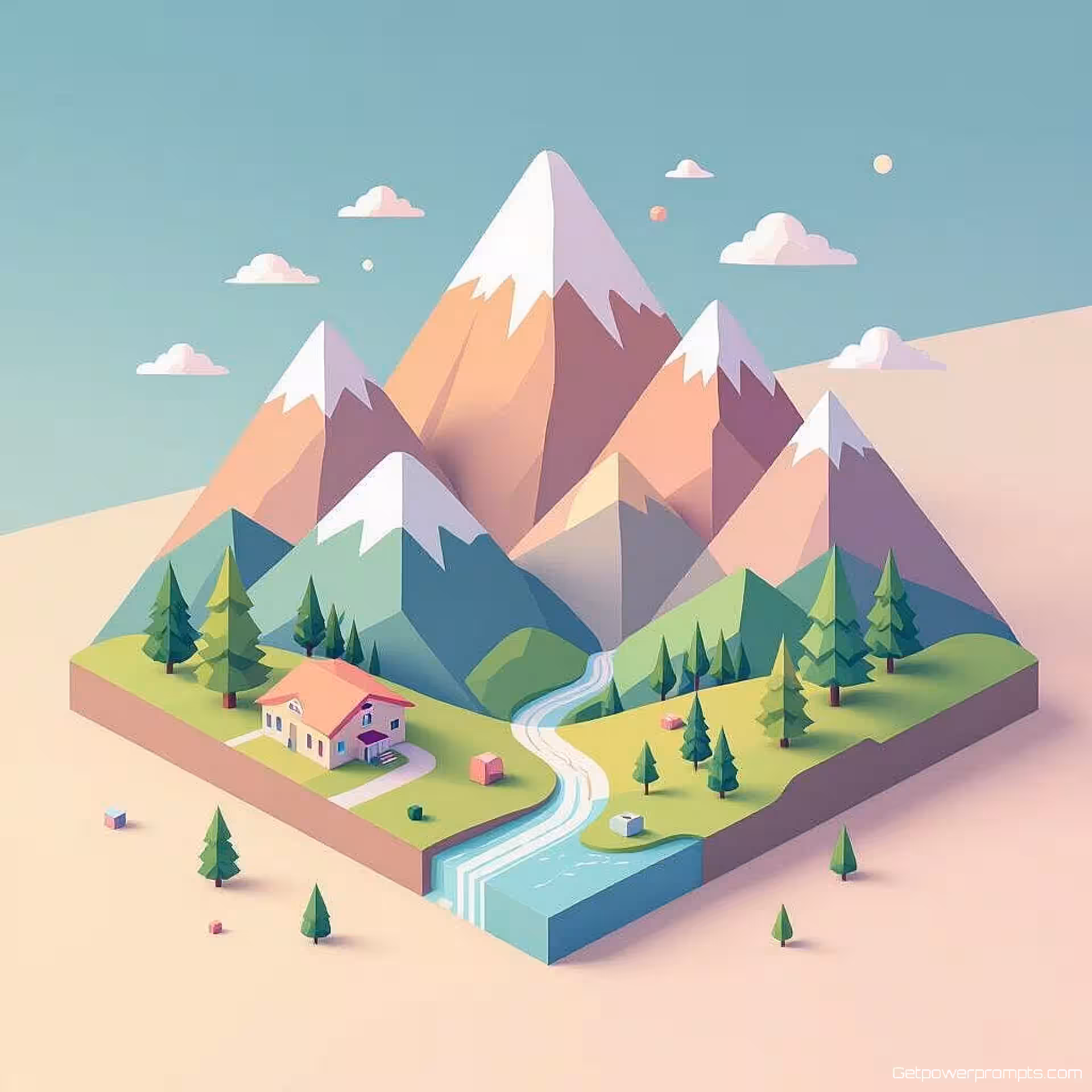 Berglandschap, isometrisch ontwerp, flat design weergave, pastelkleuren kleurenschema, gradiënt achtergrond, zacht licht verlichting, geometrische compositie, blogkoptekst lay-out, moderne esthetiek, schone typografie ruimte, professionele presentatie, driedimensionaal perspectief, architectonische elementen