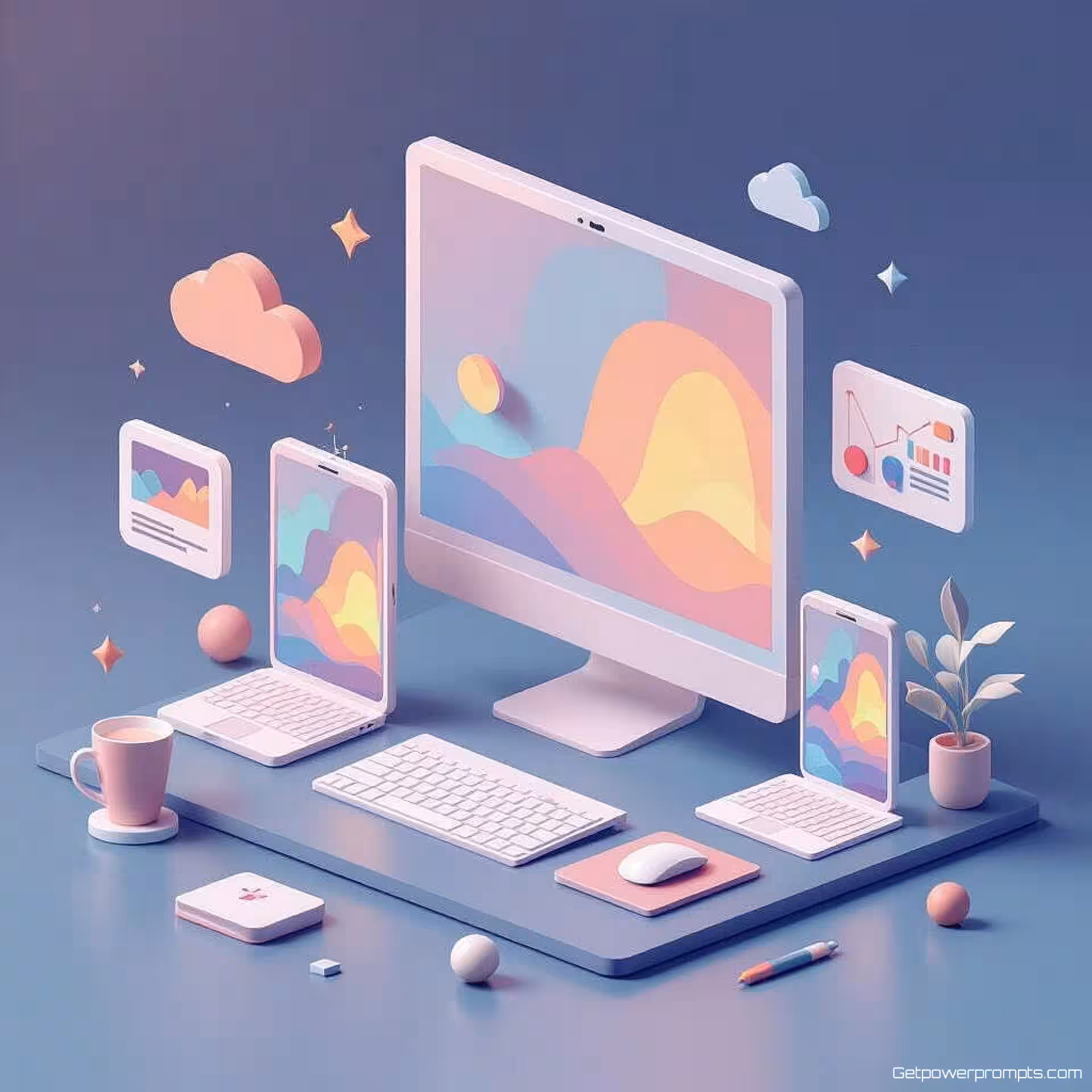 Digitale apparaten, isometrisch ontwerp, flat design weergave, pastelkleuren kleurenschema, gradiënt achtergrond, zacht licht verlichting, geometrische compositie, blogkoptekst lay-out, moderne esthetiek, schone typografie ruimte, professionele presentatie, driedimensionaal perspectief, architectonische elementen