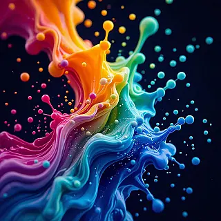 Kleurrijke inktdruppels, vloeibare beweging fotografie, levendige regenboogkleuren kleurenschema, donkere studio achtergrond achtergrond, zacht zijlicht verlichting, vloeistofdynamica compositie, blog header ontwerp, motion capture esthetiek, professionele presentatie, schone typografie ruimte, dynamische stroompatronen, hedendaagse visuele stijl