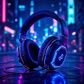 Gaming headset, neon kunststijl, elektrisch blauw en paars kleurenschema, donkere stedelijke achtergrond achtergrond, gloed verlichting verlichting, cyberpunk esthetiek, blog koptekst ontwerp, gloeiende elementen, stedelijke sfeer, professionele presentatie, schone typografie ruimte, levendige energie, futuristische compositie
