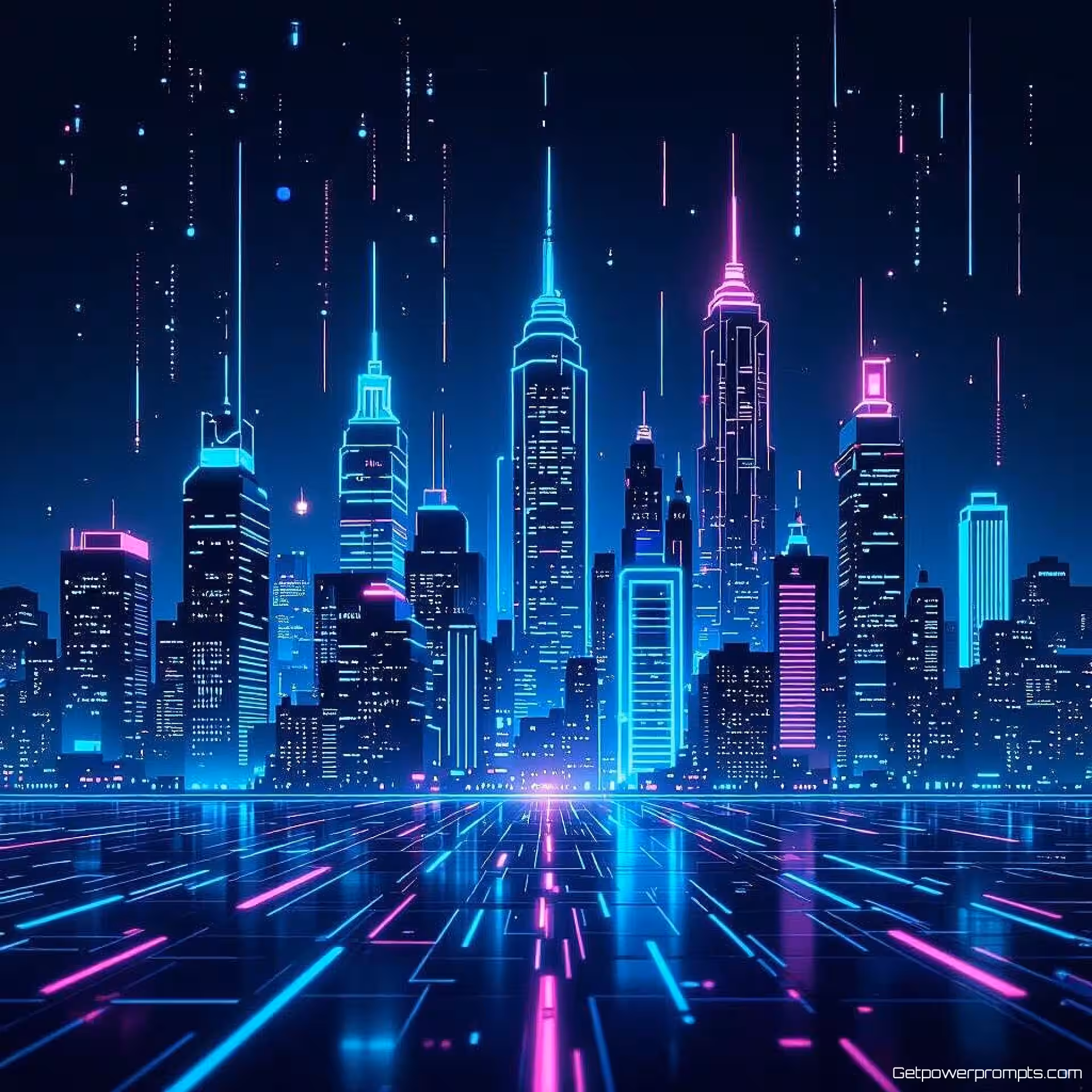 Futuristische stadsskyline, neon kunststijl, elektrisch blauw en paars kleurenschema, donkere stedelijke achtergrond achtergrond, gloed verlichting verlichting, cyberpunk esthetiek, blog koptekst ontwerp, gloeiende elementen, stedelijke sfeer, professionele presentatie, schone typografie ruimte, levendige energie, futuristische compositie