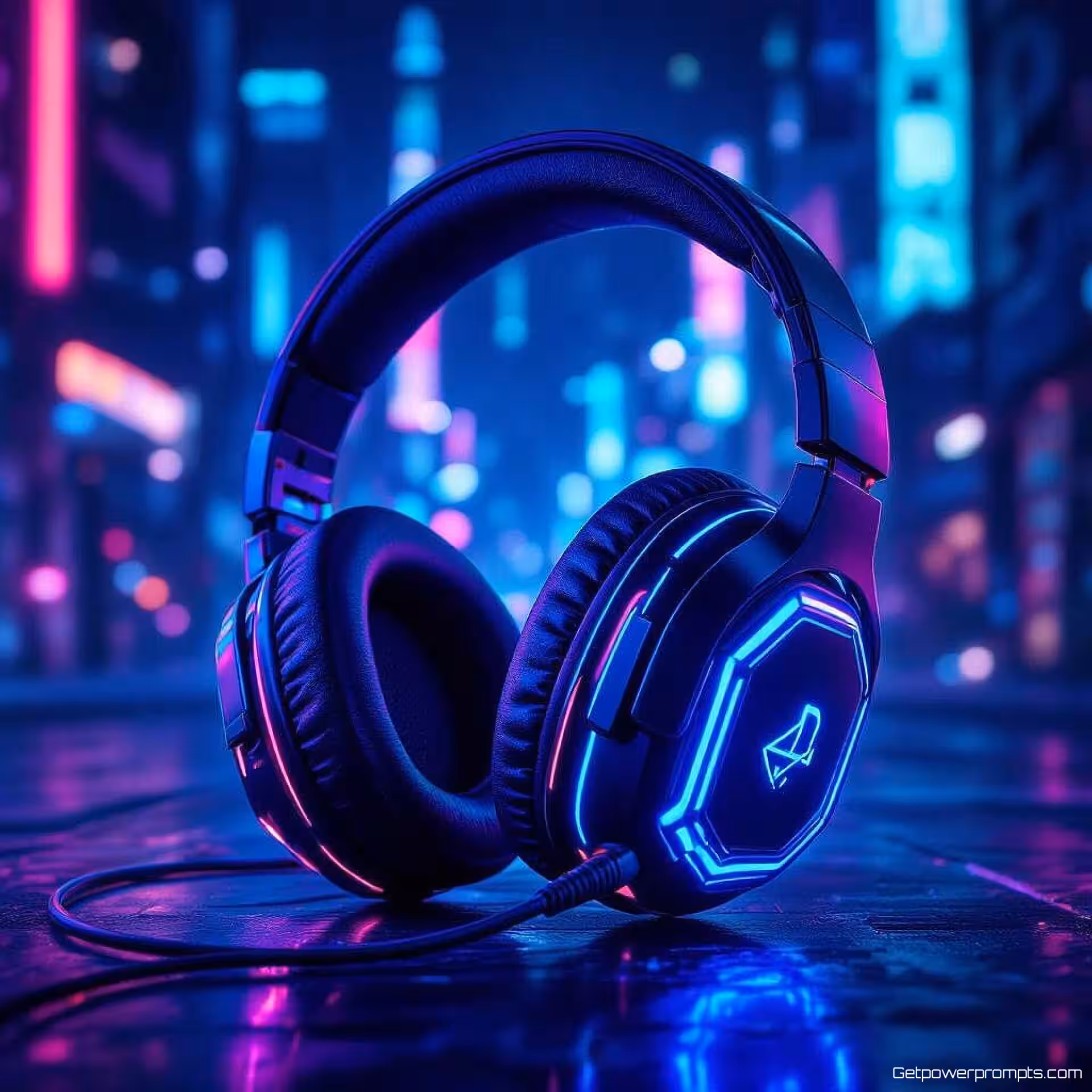 Gaming headset, neon kunststijl, elektrisch blauw en paars kleurenschema, donkere stedelijke achtergrond achtergrond, gloed verlichting verlichting, cyberpunk esthetiek, blog koptekst ontwerp, gloeiende elementen, stedelijke sfeer, professionele presentatie, schone typografie ruimte, levendige energie, futuristische compositie