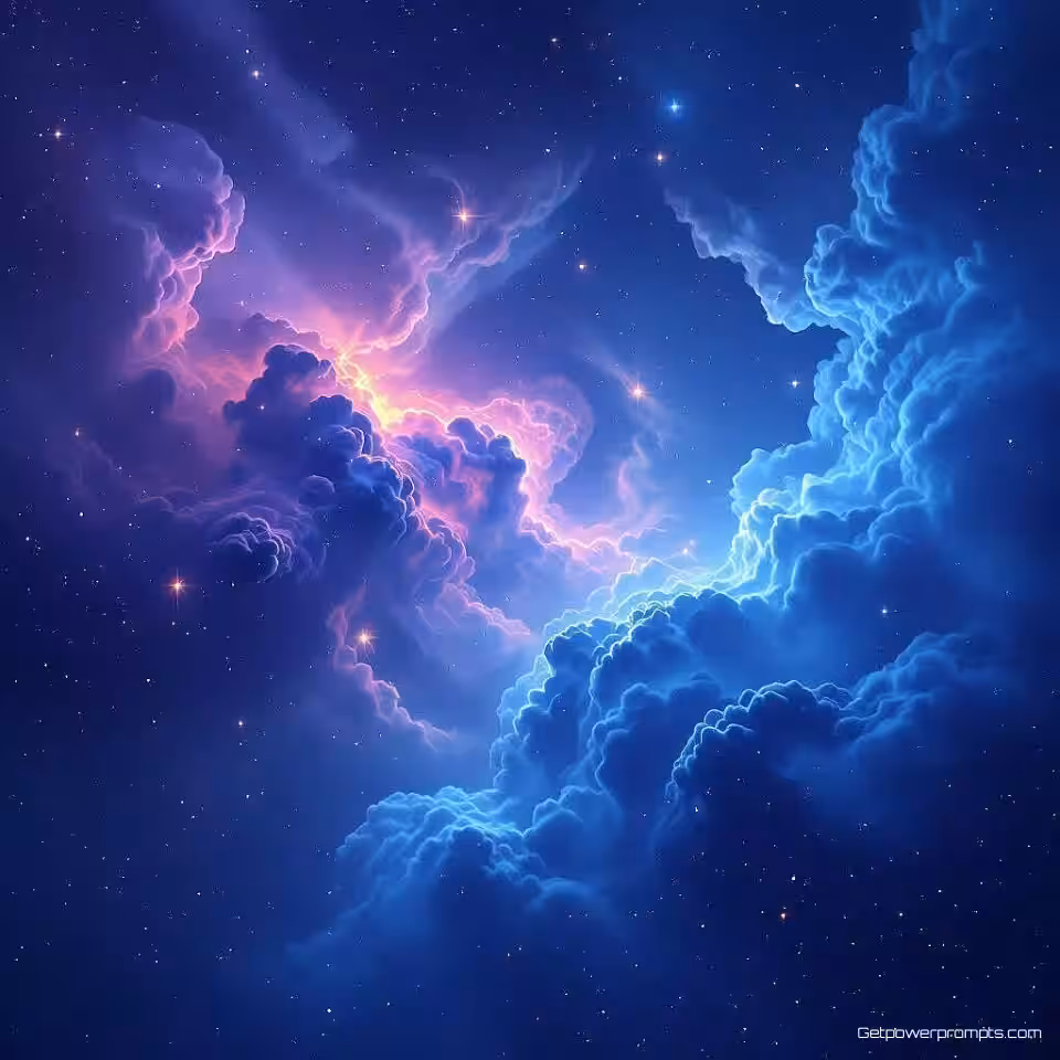 Etherische wolken kosmische nevel, diepe ruimte achtergrond, paars blauw kosmisch kleurenpalet, etherische ruimtewolken, naadloos herhalend patroon, hemelse digitale kunst, etherische gloed verlichting, diepe ruimte atmosfeer, professionele webachtergrond, subtiele sterdeeltjes
