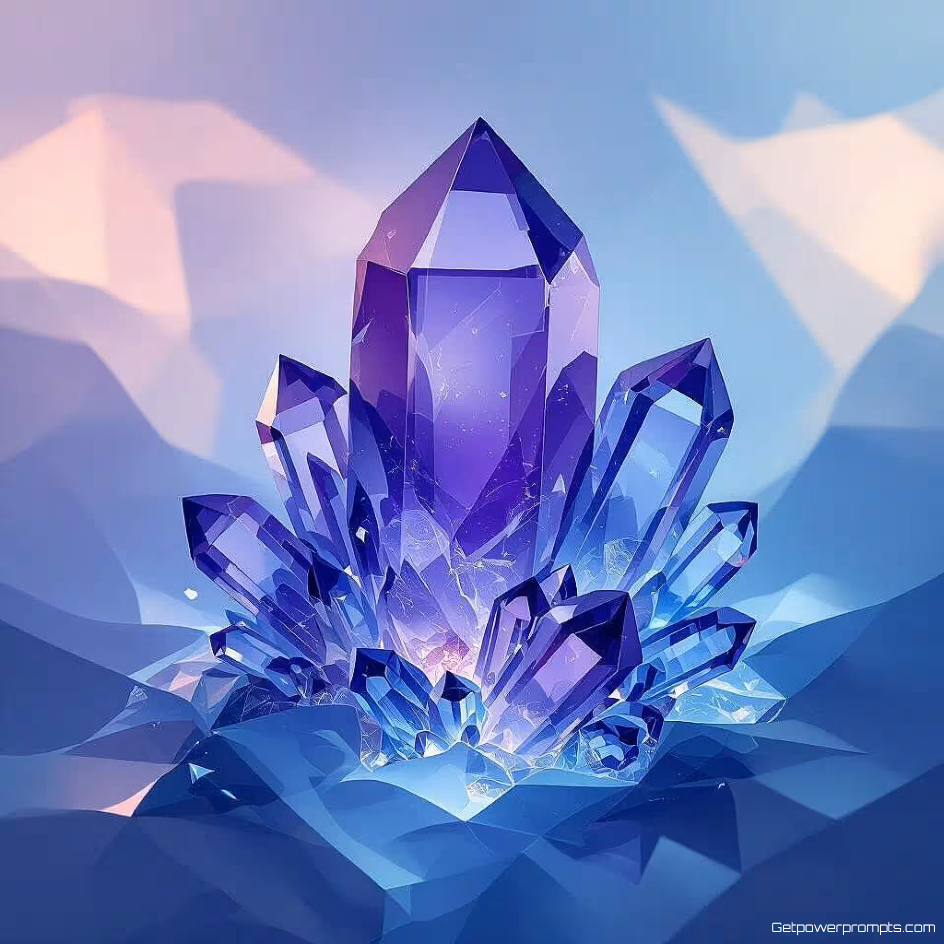 Organisch amethist kristalformaties, verloop achtergrond, koele blauwen kleurenpalet, geometrische mineraalpatronen, naadloos herhalend webachtergrond, moderne digitale kunst, doorschijnende kristaleffecten, omgevingsgloed belichting, professioneel ontwerp, subtiele brekingsdetails, abstracte edelsteentexturen