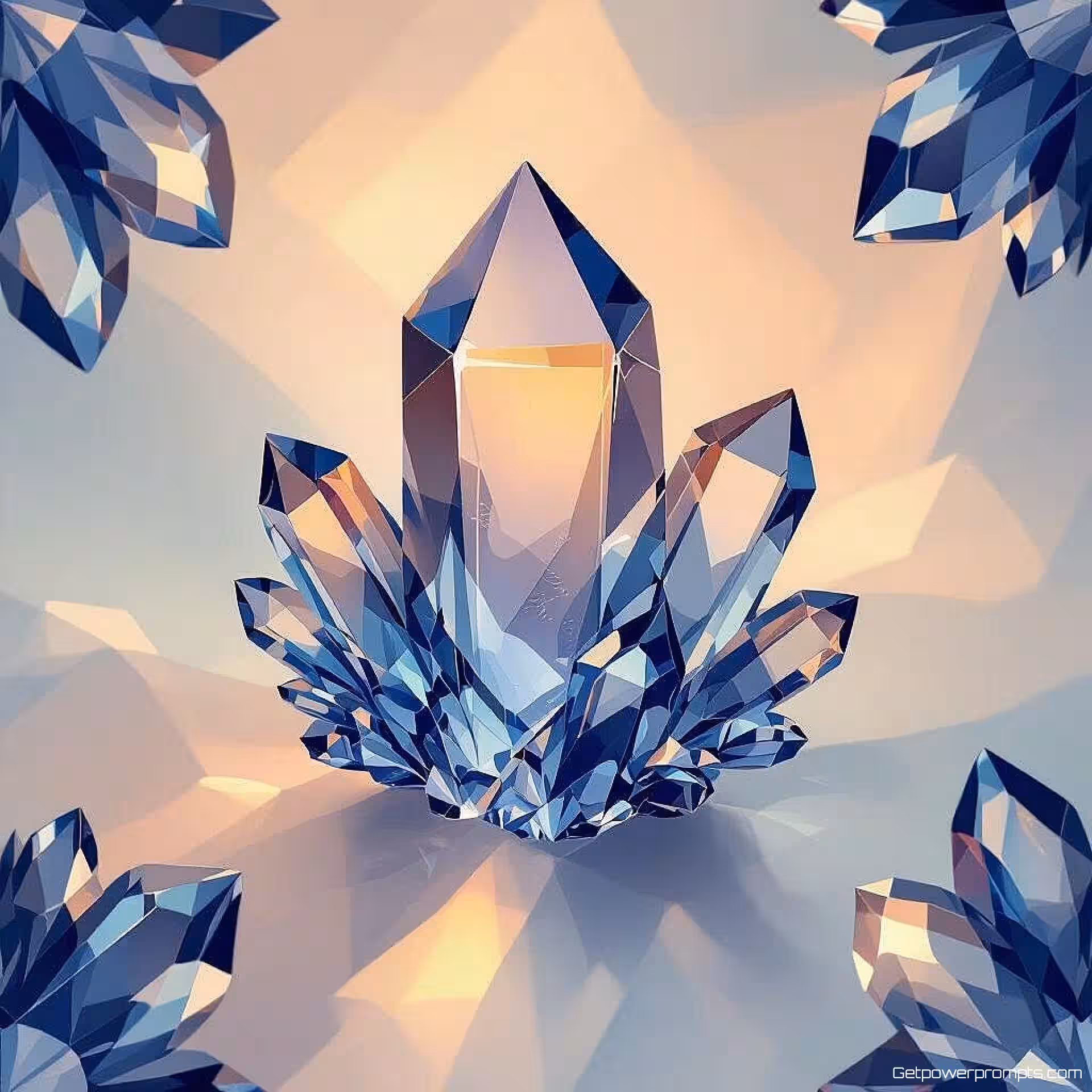 Geometrisch kwarts kristalformaties, verloop achtergrond, koele blauwen kleurenpalet, geometrische mineraalpatronen, naadloos herhalend webachtergrond, moderne digitale kunst, doorschijnende kristaleffecten, omgevingsgloed belichting, professioneel ontwerp, subtiele brekingsdetails, abstracte edelsteentexturen