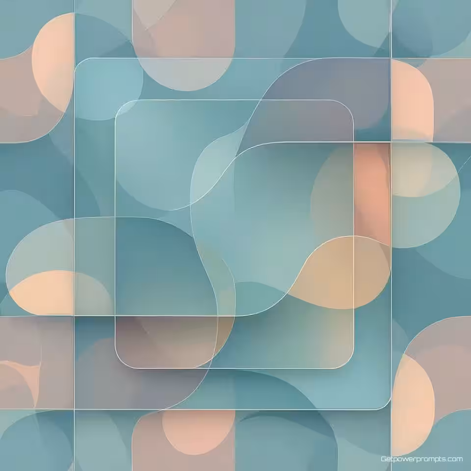 Gelaagde kaarten glas morfisme patroon, pasteltinten kleurenpalet, doorschijnende glaseffecten, zacht omgevingslicht, moderne webachtergrond, naadloos herhalend ontwerp, subtiele dieptelagen, mat glas textuur, professionele digitale kunst, abstracte geometrische vormen