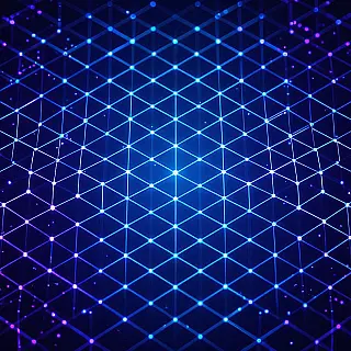 Zeshoekig raster holografisch rasterpatroon, donker verloop achtergrond, cyaan en paars kleurenpalet, futuristische digitale kunst, gloeiende rasterlijnen, naadloze webachtergrond, etherische lichteffecten, cyberpunk esthetiek, doorschijnende lagen, modern technologisch ontwerp